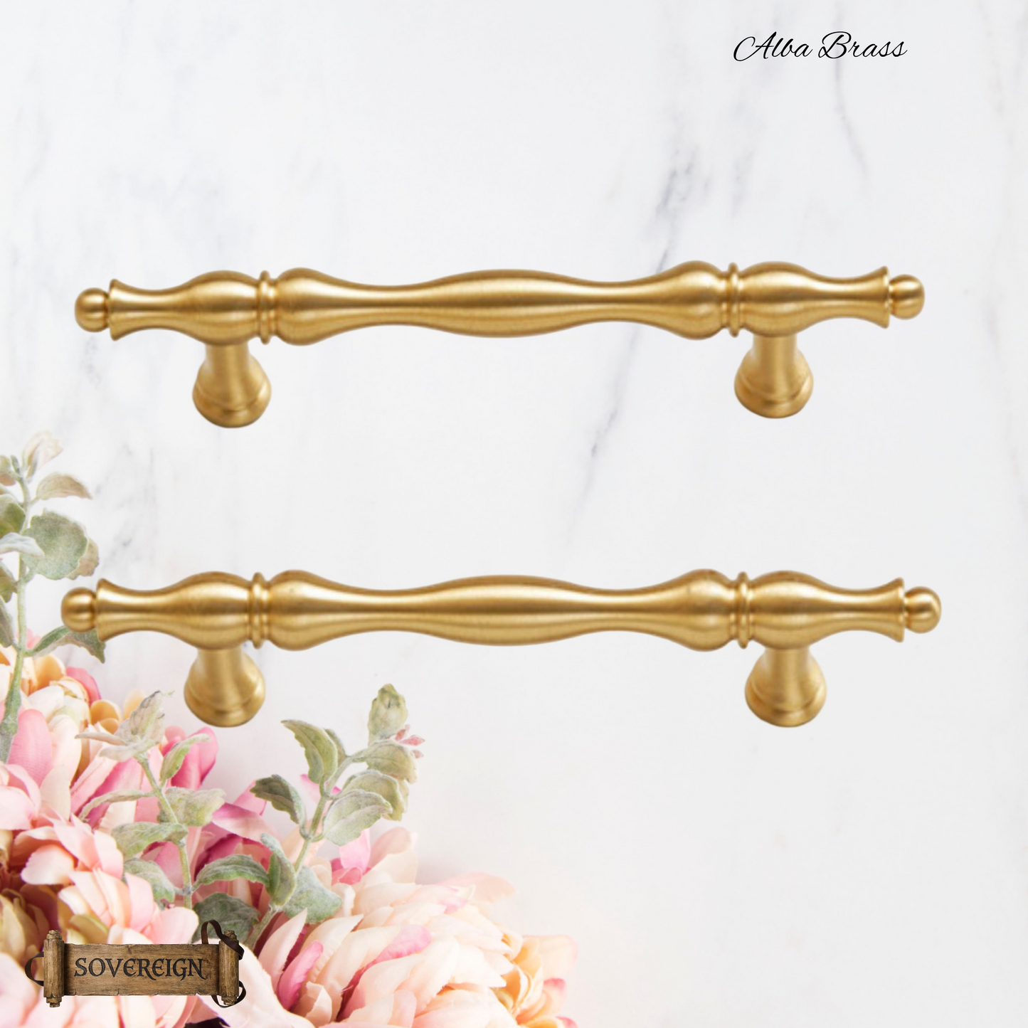 "Alba"Sovereign Brushed Brass ornate cabinet/Drawer handle-5 Sizes