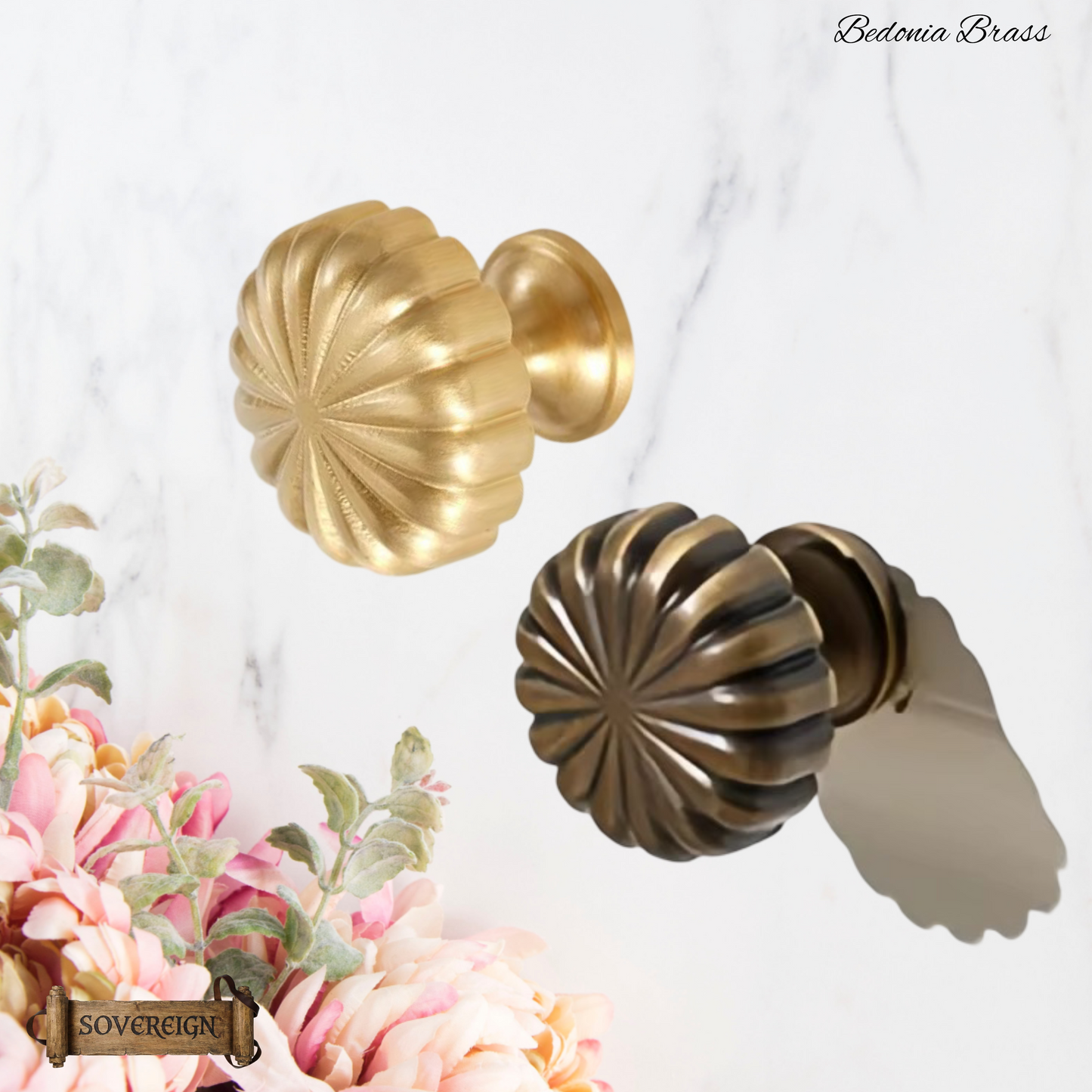 "Bedonia" Sovereign Ribbed Mushroom  Brass cabinet / Drawer Knob 24mm dia