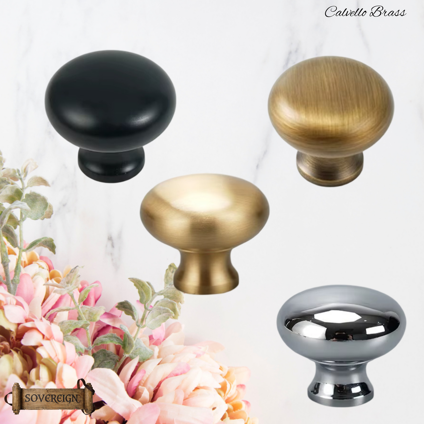 "Calvello" Sovereign majestic 28mm dia Brass cabinet / Drawer Knob-4 Finishes