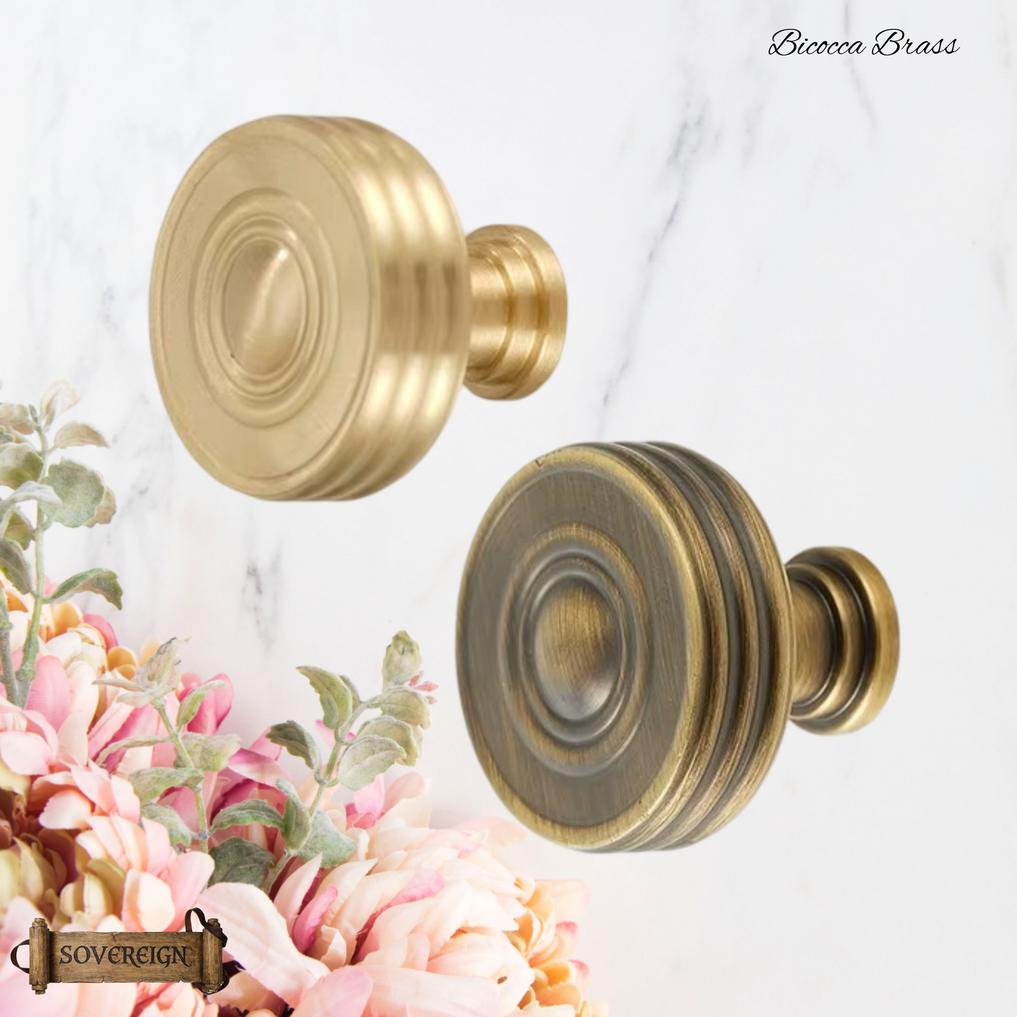 "Bicocca" Sovereign Wheel Brass cabinet / Drawer Knob 30mm dia-2 Finishes