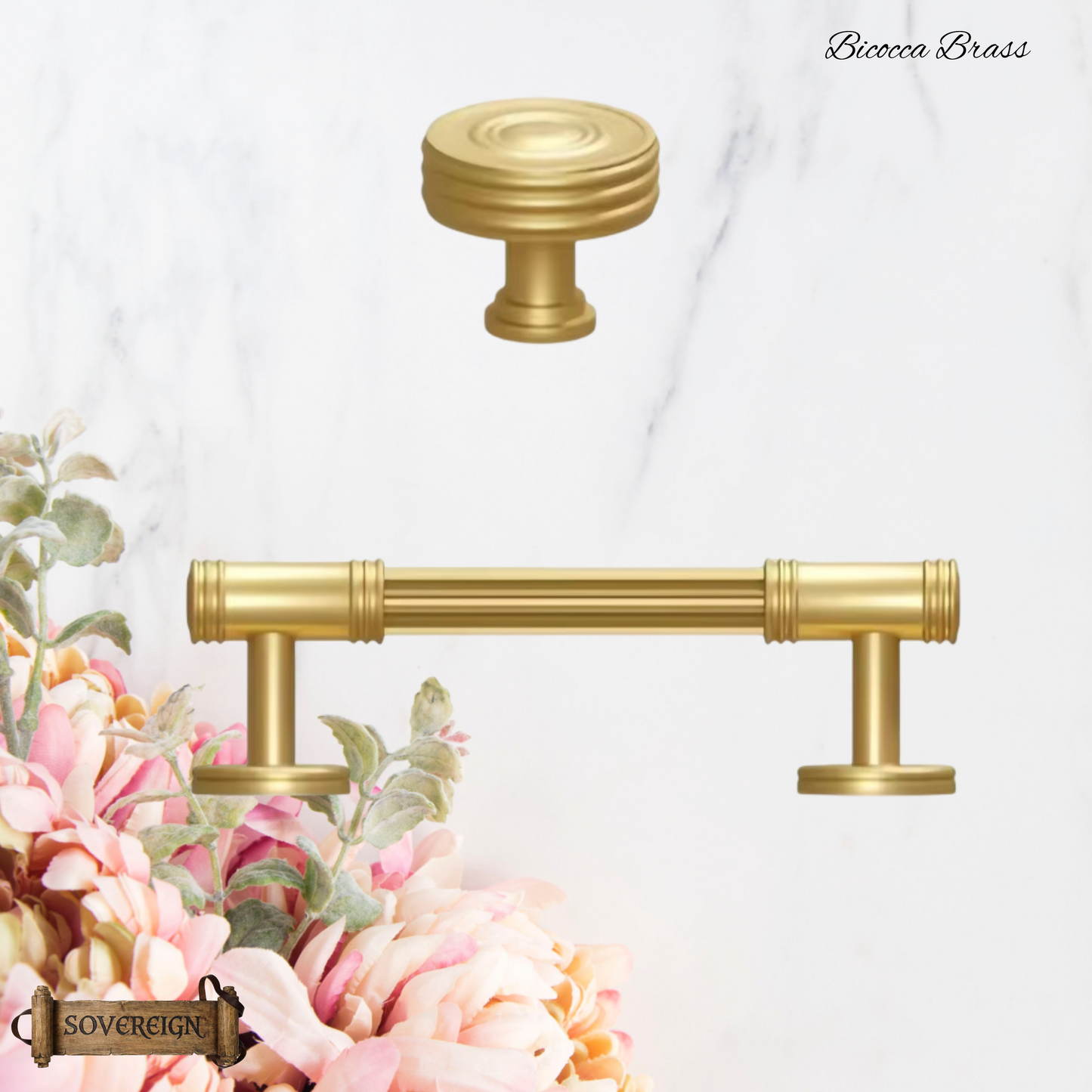 "Bicocca" Sovereign Wheel Brushed Brass cabinet T-Bar Handles -6 Sizes