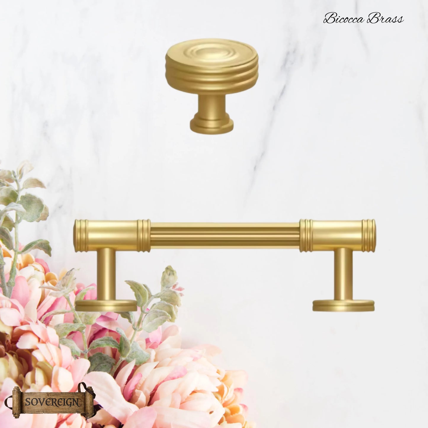 "Bicocca" Sovereign Wheel Brushed Brass cabinet T-Bar Handles -6 Sizes