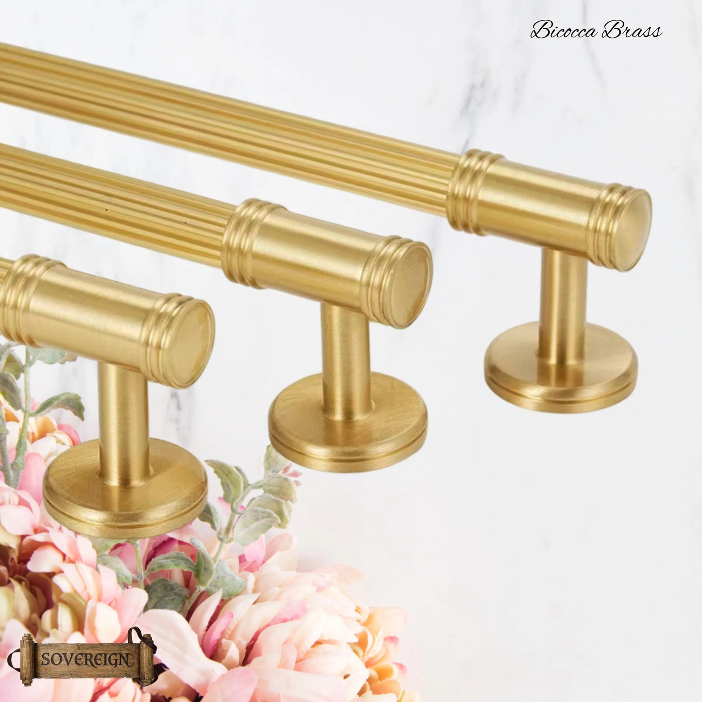 "Bicocca" Sovereign Wheel Brushed Brass cabinet T-Bar Handles -6 Sizes