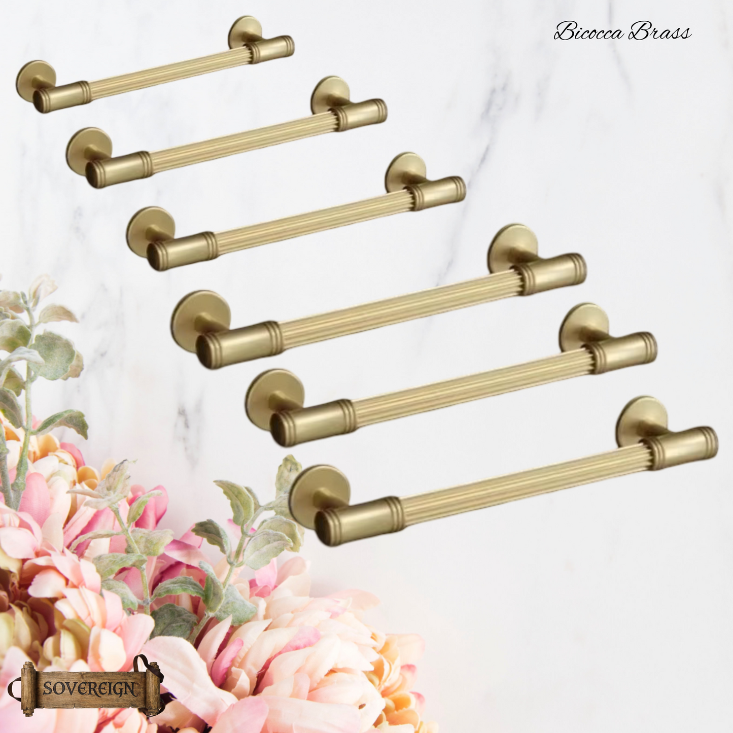 "Bicocca" Sovereign Wheel Brushed Brass cabinet T-Bar Handles -6 Sizes