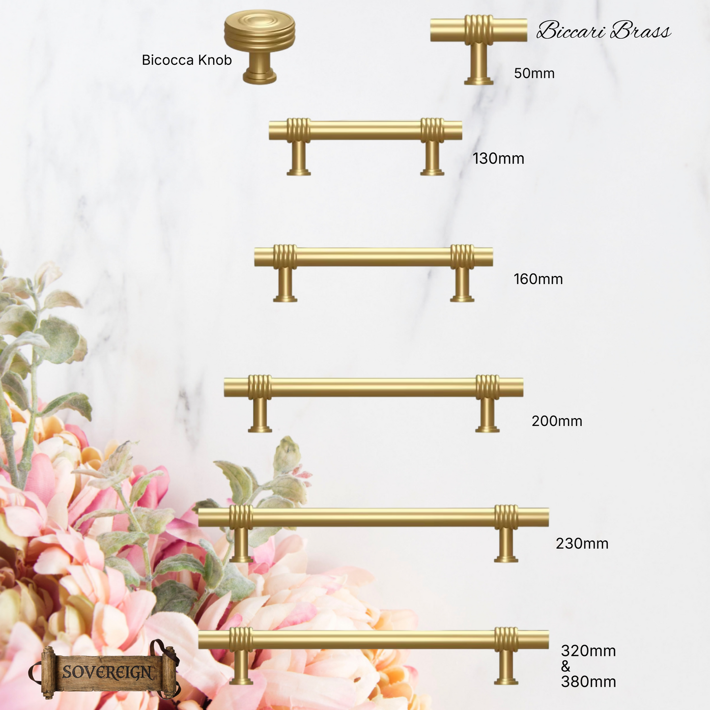 "Biccari" Sovereign Wheel Brushed Brass cabinet T-Bar Handles -7 Sizes