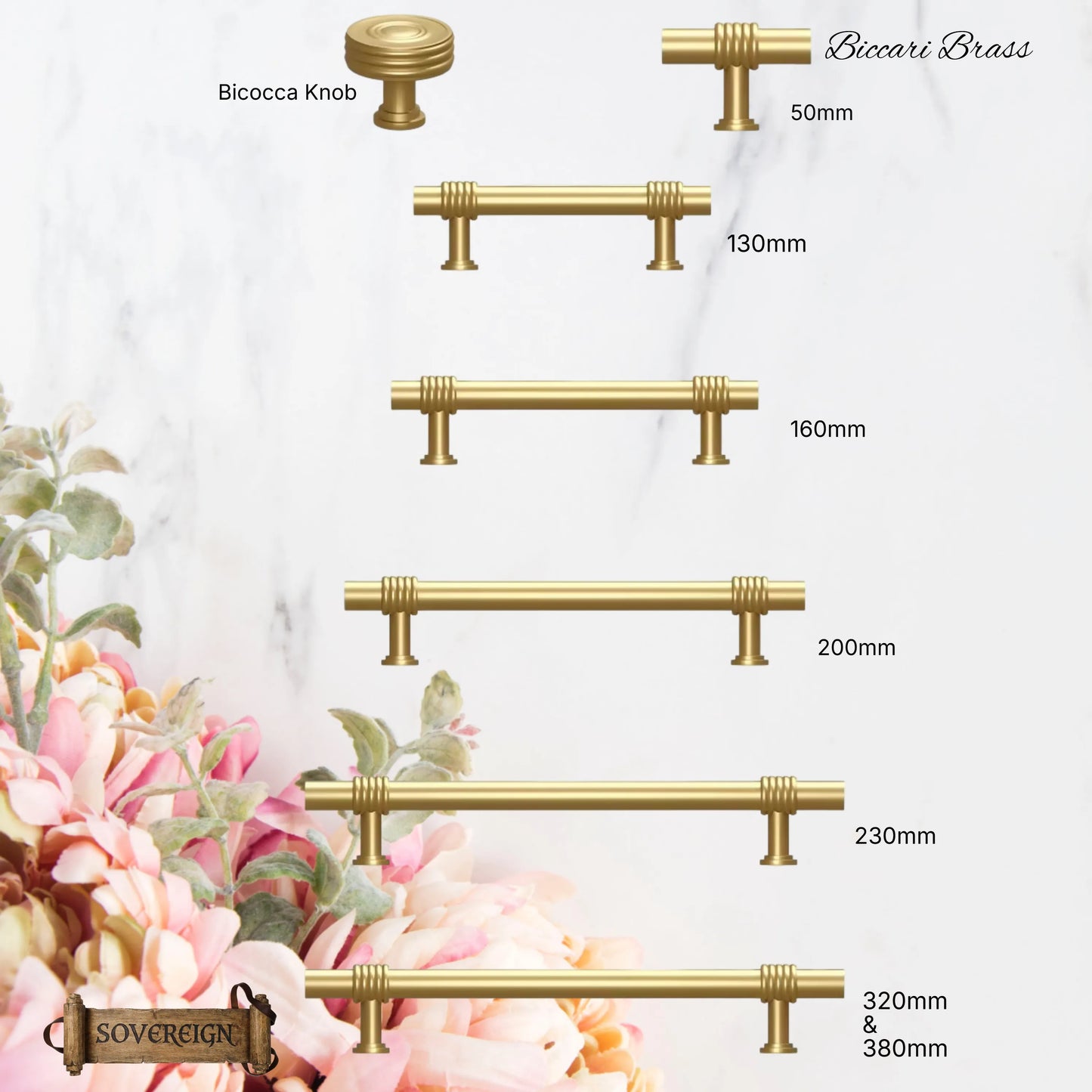 "Biccari" Sovereign Wheel Brushed Brass cabinet T-Bar Handles -7 Sizes