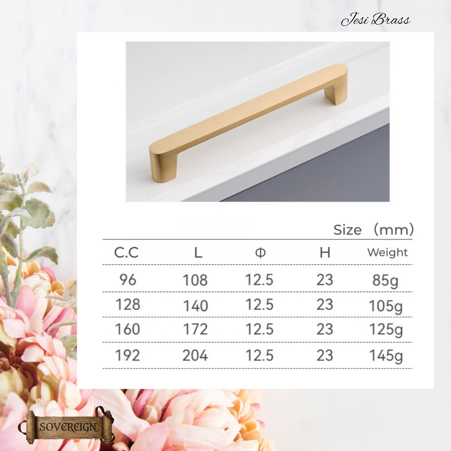 "Jesi" Sovereign Stylish Brushed Brass cabinet D-Handle Pulls -4 Sizes