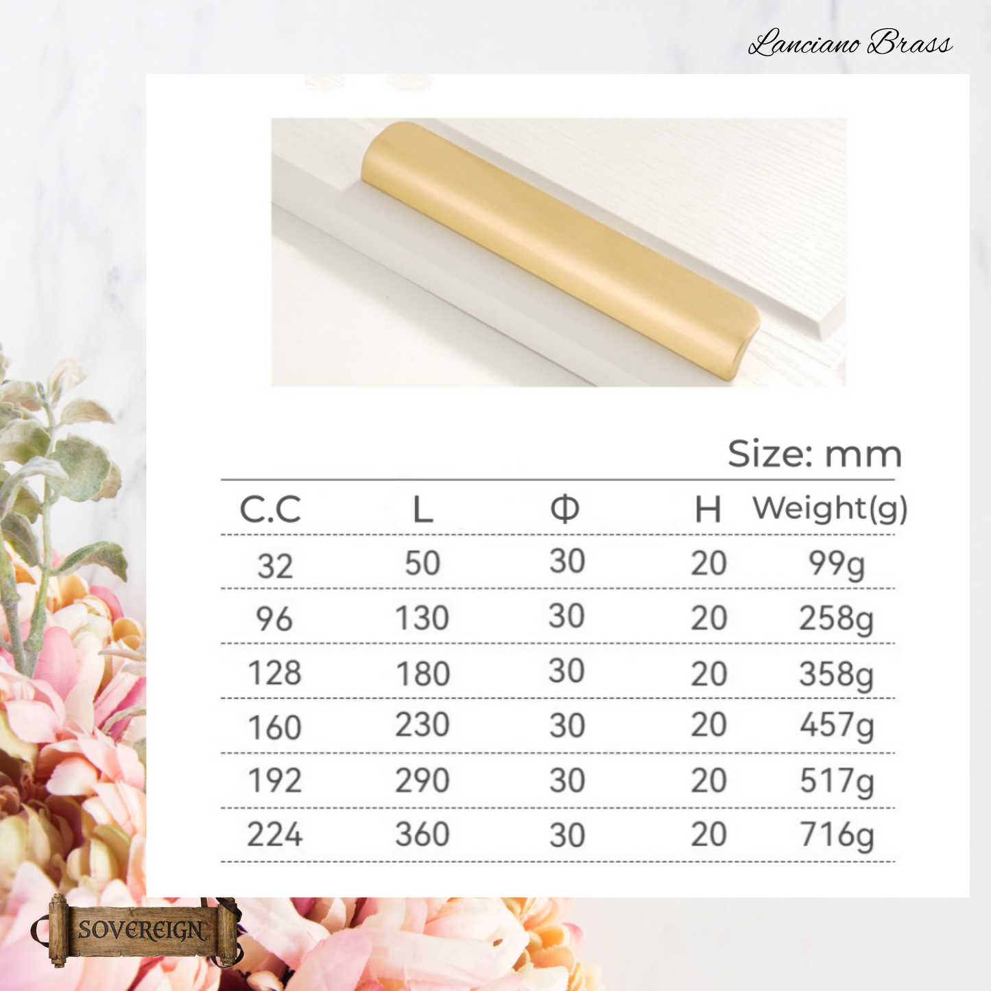 "Lanciano" Sovereign Brushed Brass cabinet Lipped Handle  -6 Sizes
