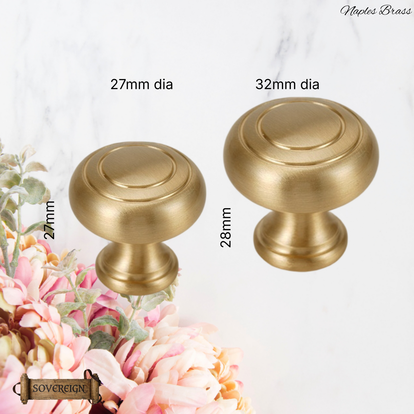 "Naples" Sovereign Luxury Brushed Brass cabinet / Drawer Knob -2 sizes