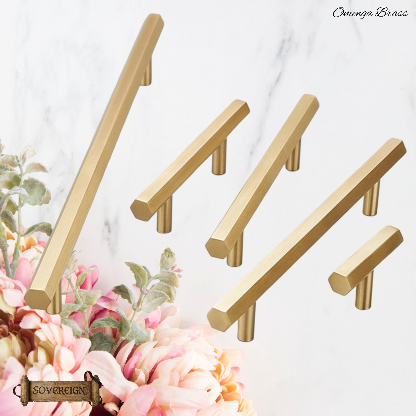 "Omegna" Sovereign Hexangonal Brushed Brass T-Bar cabinet/Drawer handle-9 Sizes