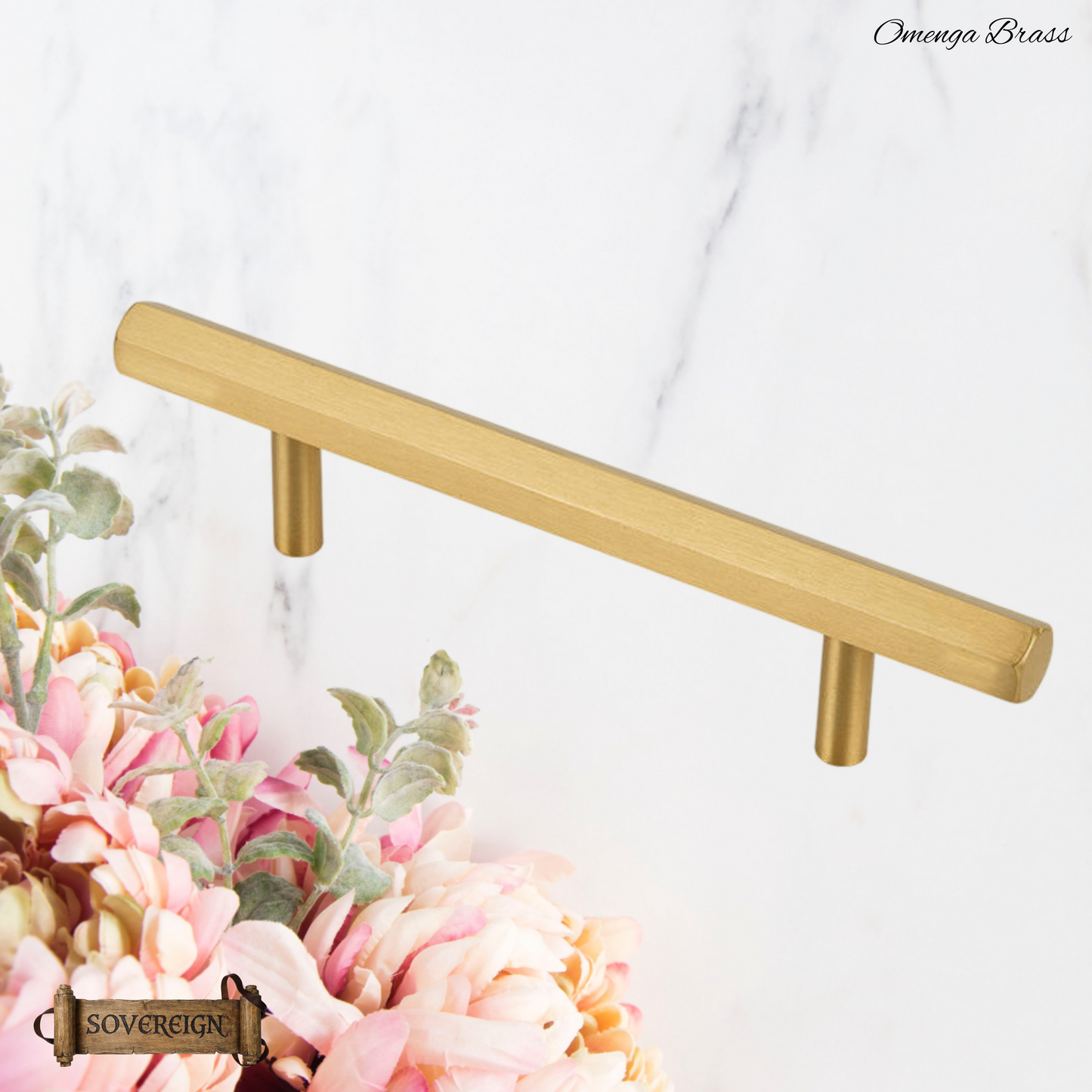 "Omegna" Sovereign Hexangonal Brushed Brass T-Bar cabinet/Drawer handle-9 Sizes