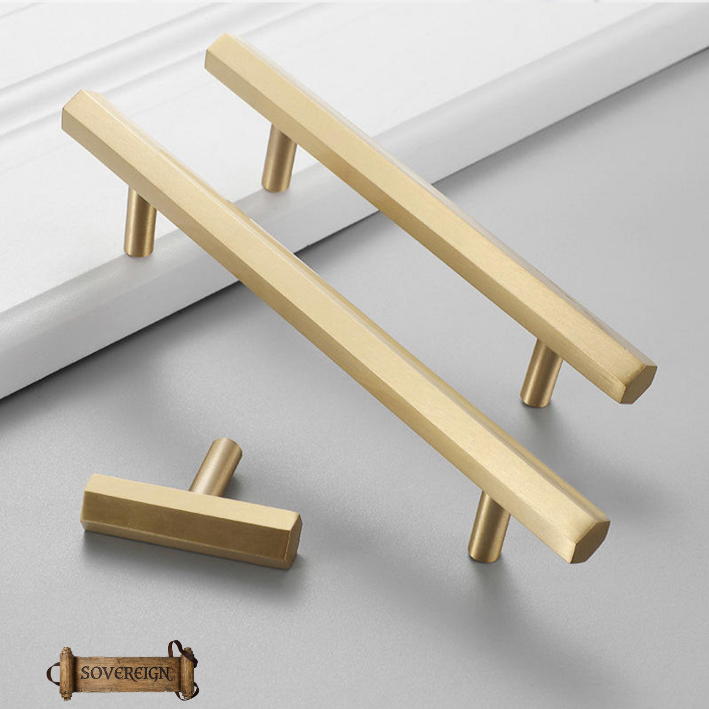 "Omegna" Sovereign Hexangonal Brushed Brass T-Bar cabinet/Drawer handle-9 Sizes