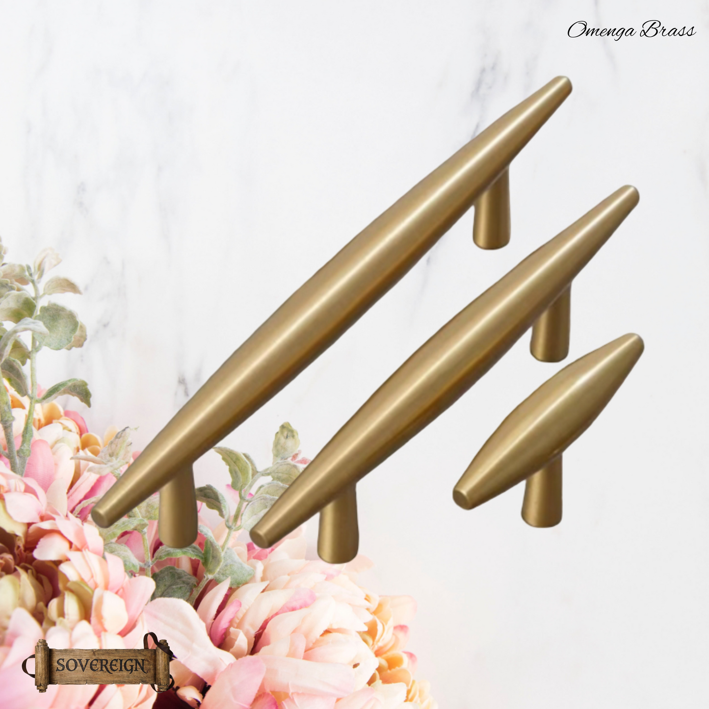 "Parma" Sovereign Spire Brass cabinet T-Bar Handles -7 Sizes