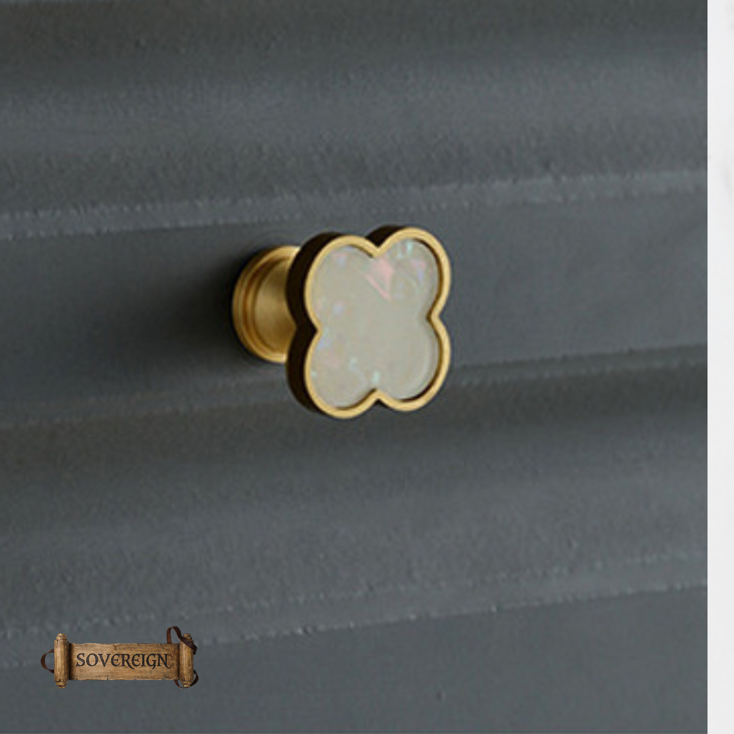"Spello" Sovereign Brass Flower W/White inlay cabinet / Drawer Knob 33mm dia