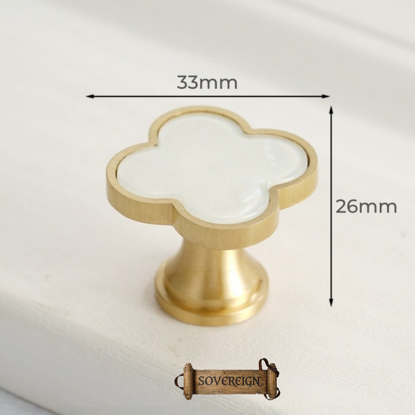 "Spello" Sovereign Brass Flower W/White inlay cabinet / Drawer Knob 33mm dia