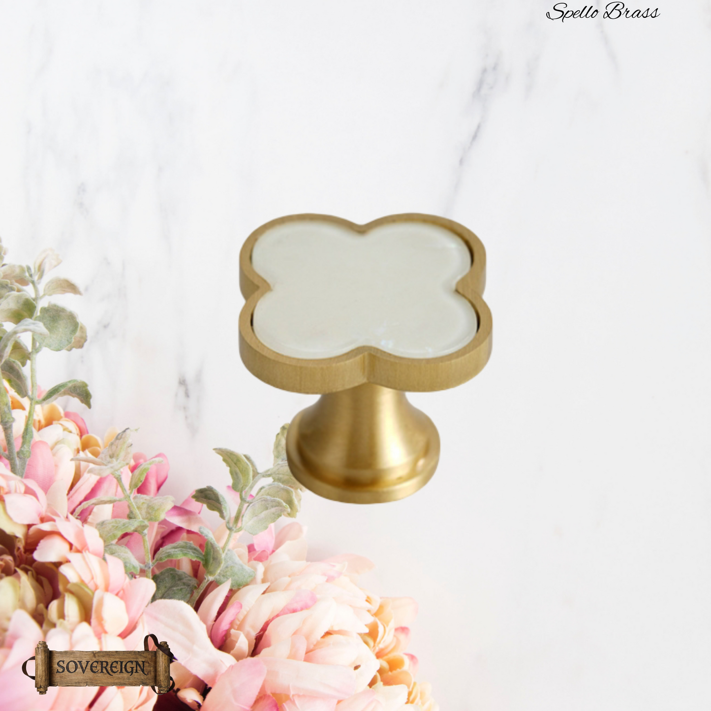 "Spello" Sovereign Brass Flower W/White inlay cabinet / Drawer Knob 33mm dia