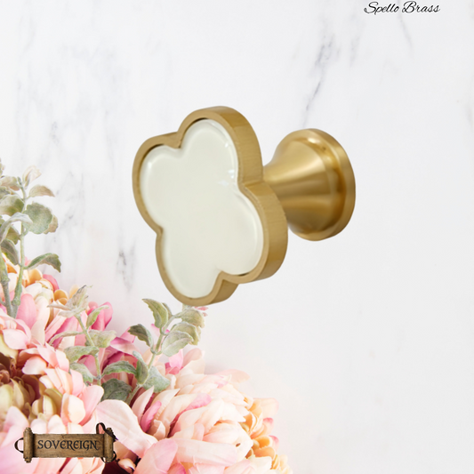 "Spello" Sovereign Brass Flower W/White inlay cabinet / Drawer Knob 33mm dia
