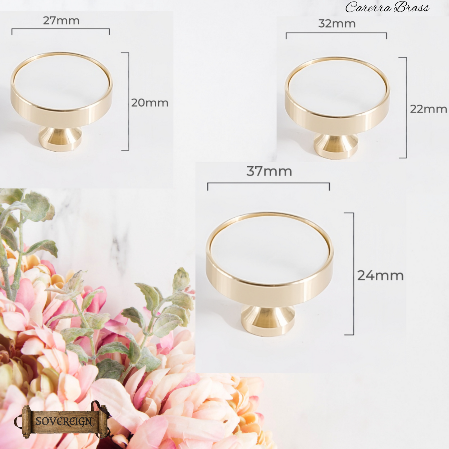 "Cararra"Sovereign Brass W/White inlay cabinet / Drawer Knob 32mm dia