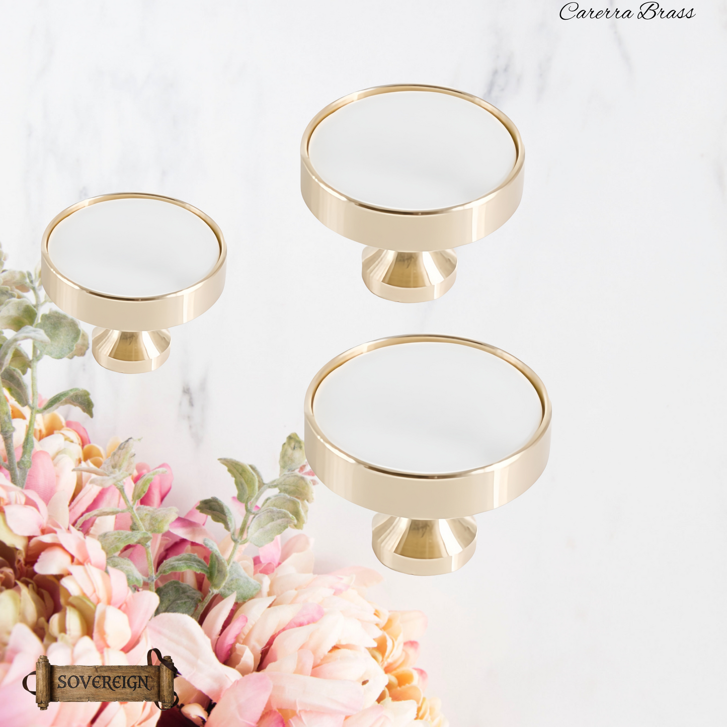 "Cararra"Sovereign Brass W/White inlay cabinet / Drawer Knob 32mm dia