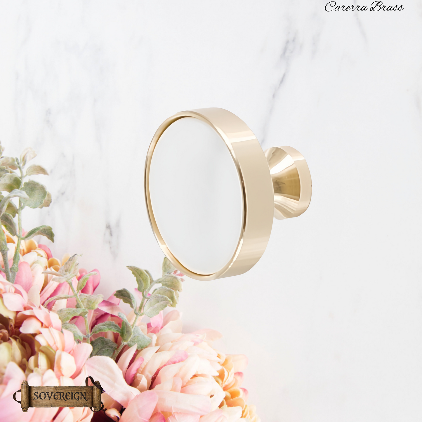 "Cararra"Sovereign Brass W/White inlay cabinet / Drawer Knob 32mm dia