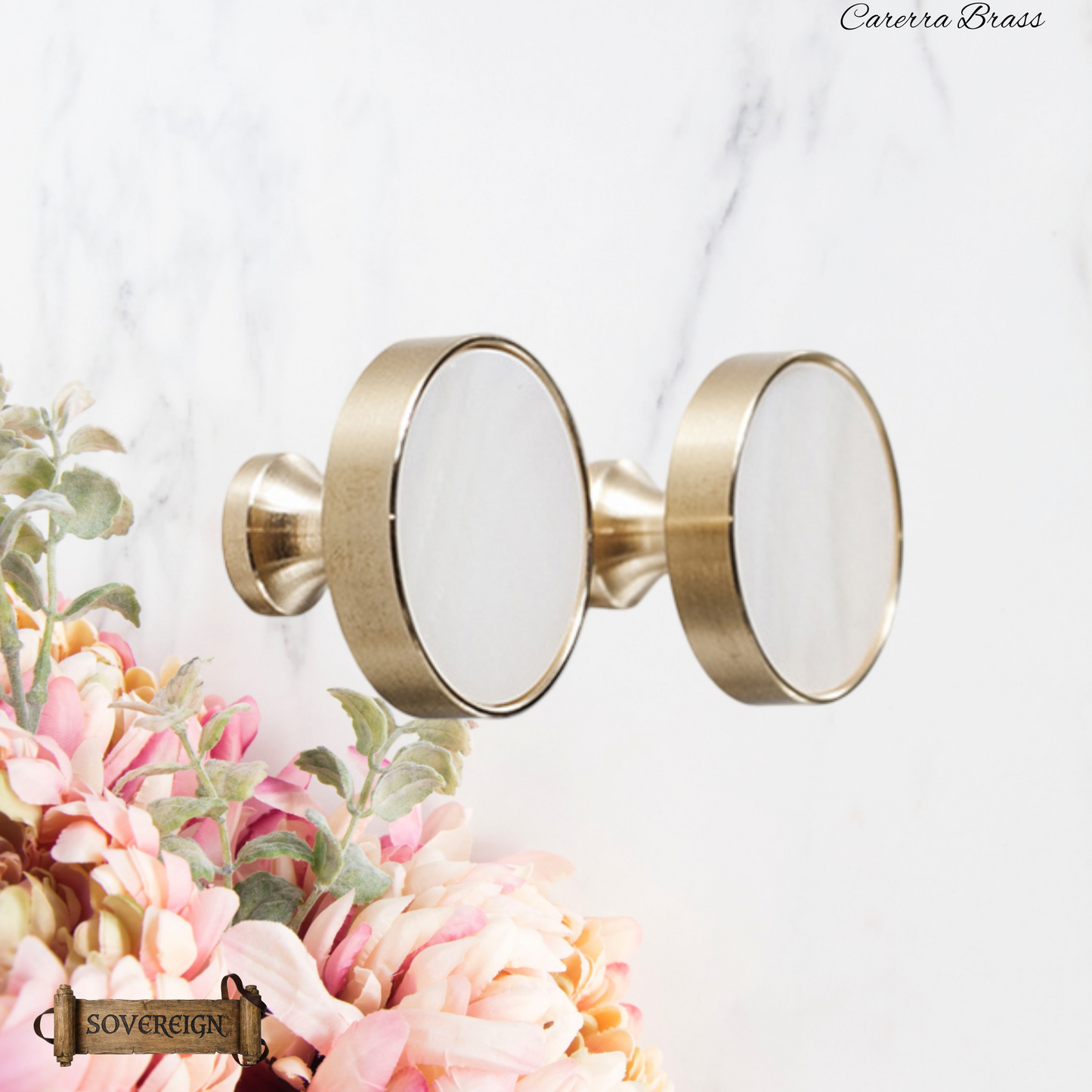"Cararra"Sovereign Brass W/White inlay cabinet / Drawer Knob 32mm dia