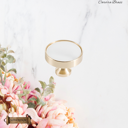 "Cararra"Sovereign Brass W/White inlay cabinet / Drawer Knob 27mm dia