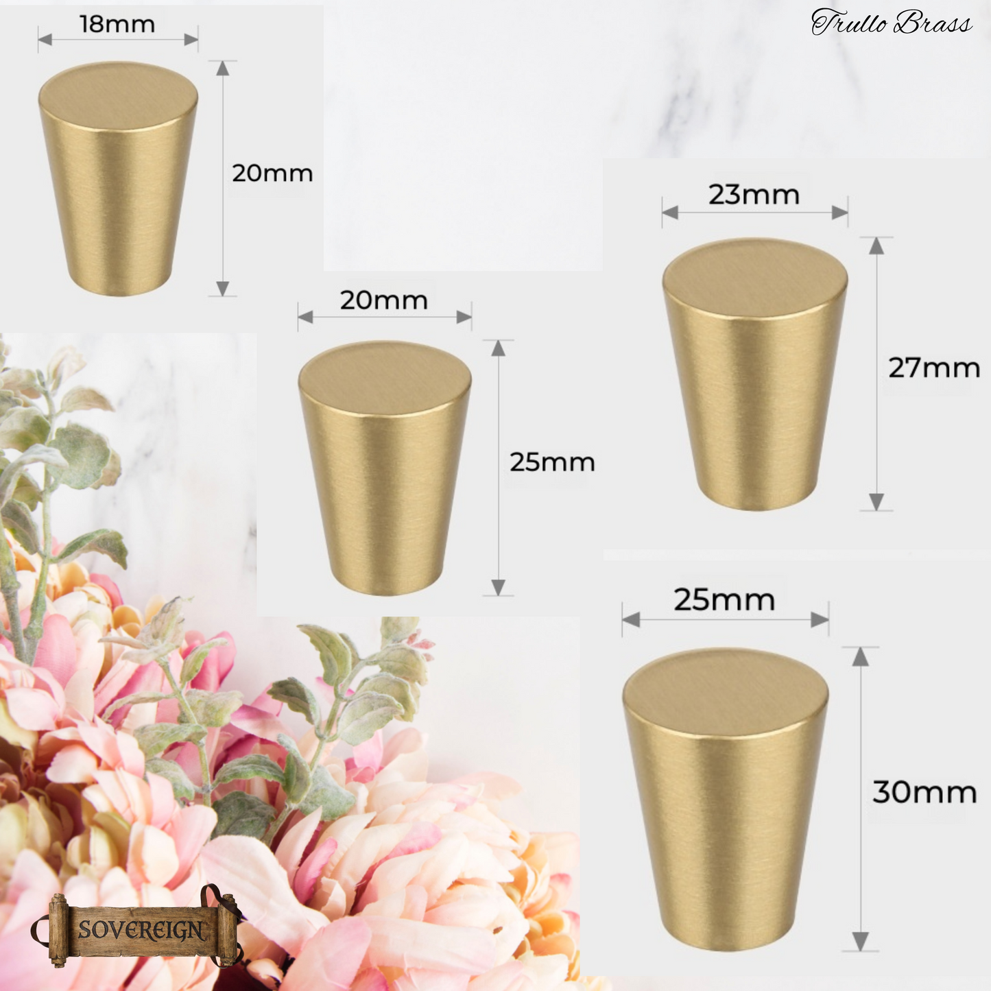 "Trullo"Sovereign Cone Brushed Brass cabinet / Drawer Knob (4 sizes)