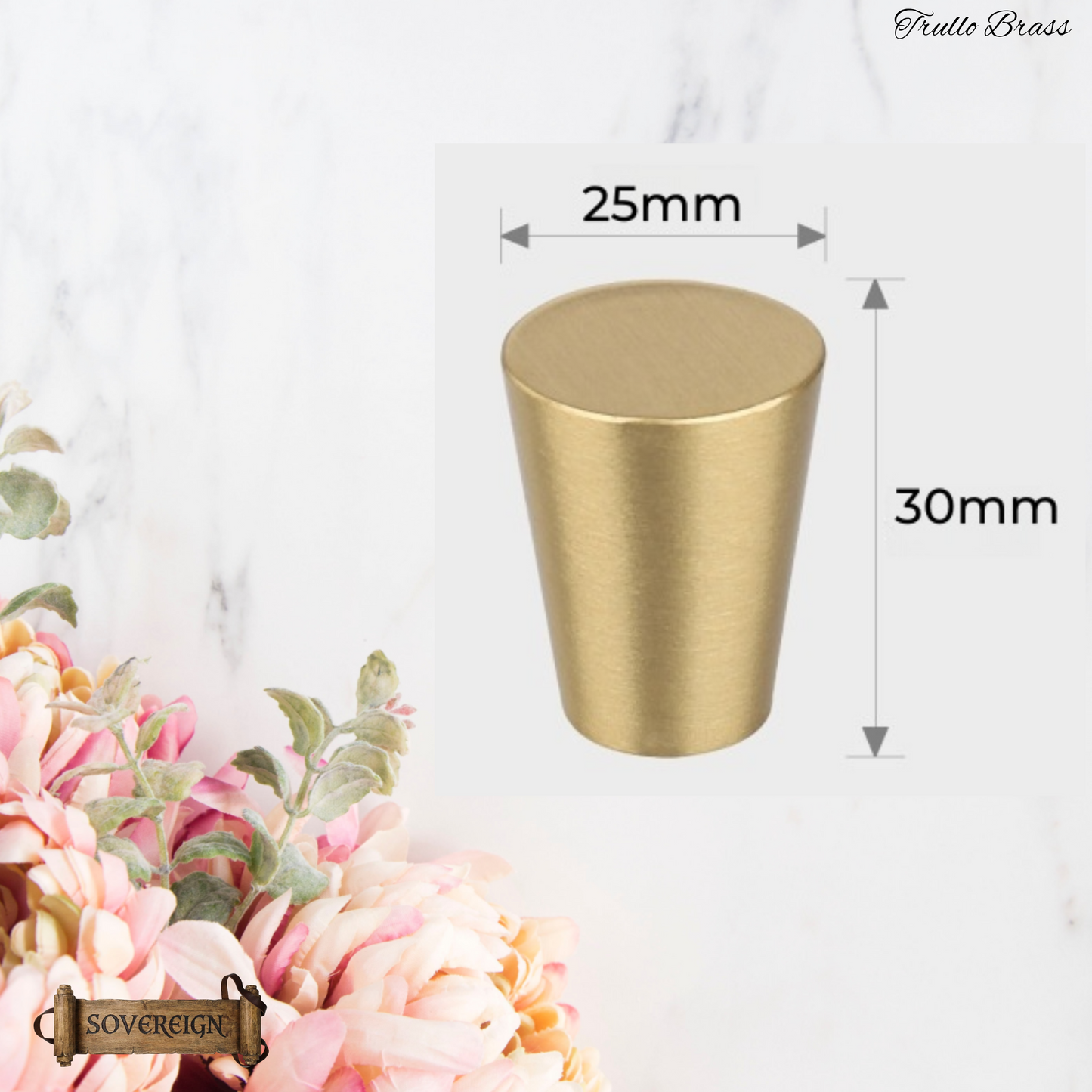 "Trullo"Sovereign Cone Brushed Brass cabinet / Drawer Knob (4 sizes)