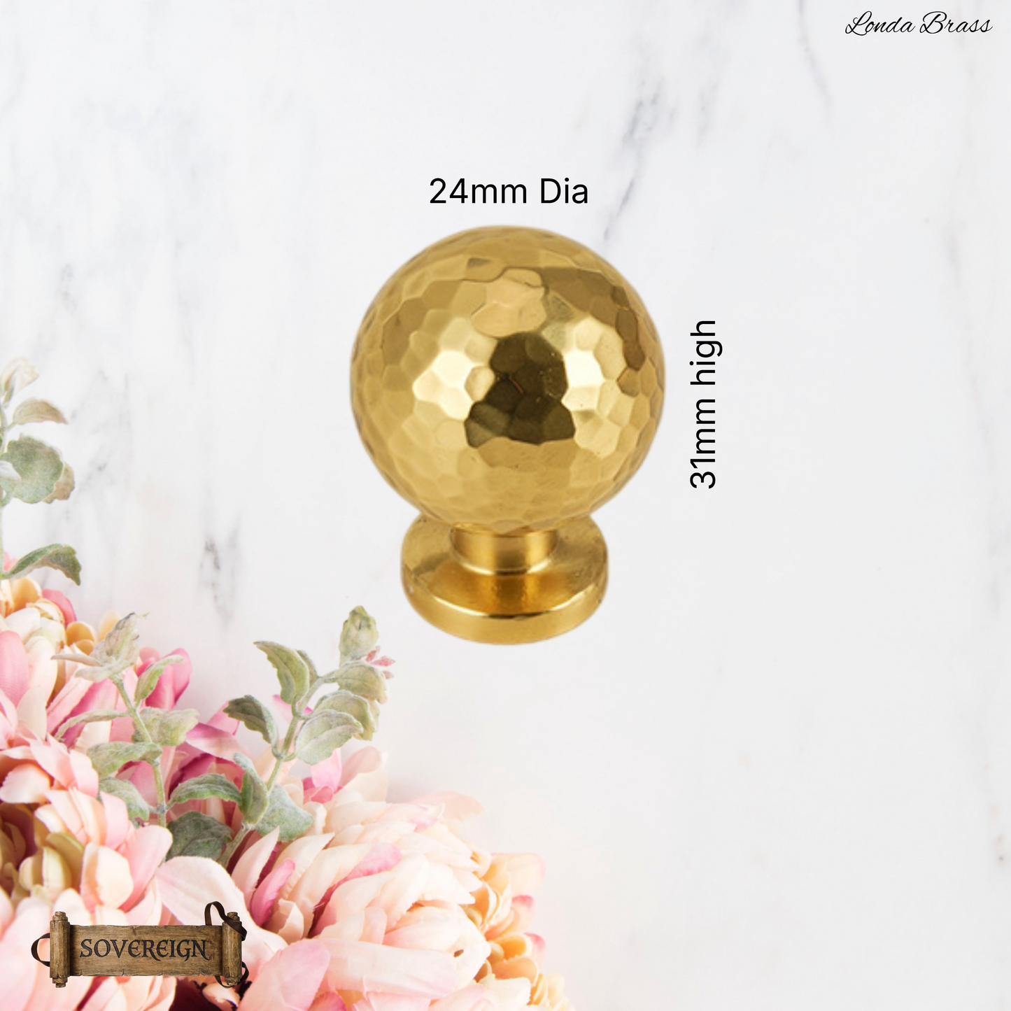 "Londa"Sovereign Hammered Brass Ball cabinet / Drawer Knob 24mm dia