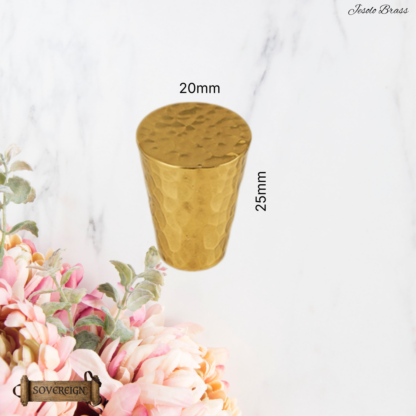 "Jesolo"Sovereign Hammered Brass Cone cabinet / Drawer Knob 20mm dia