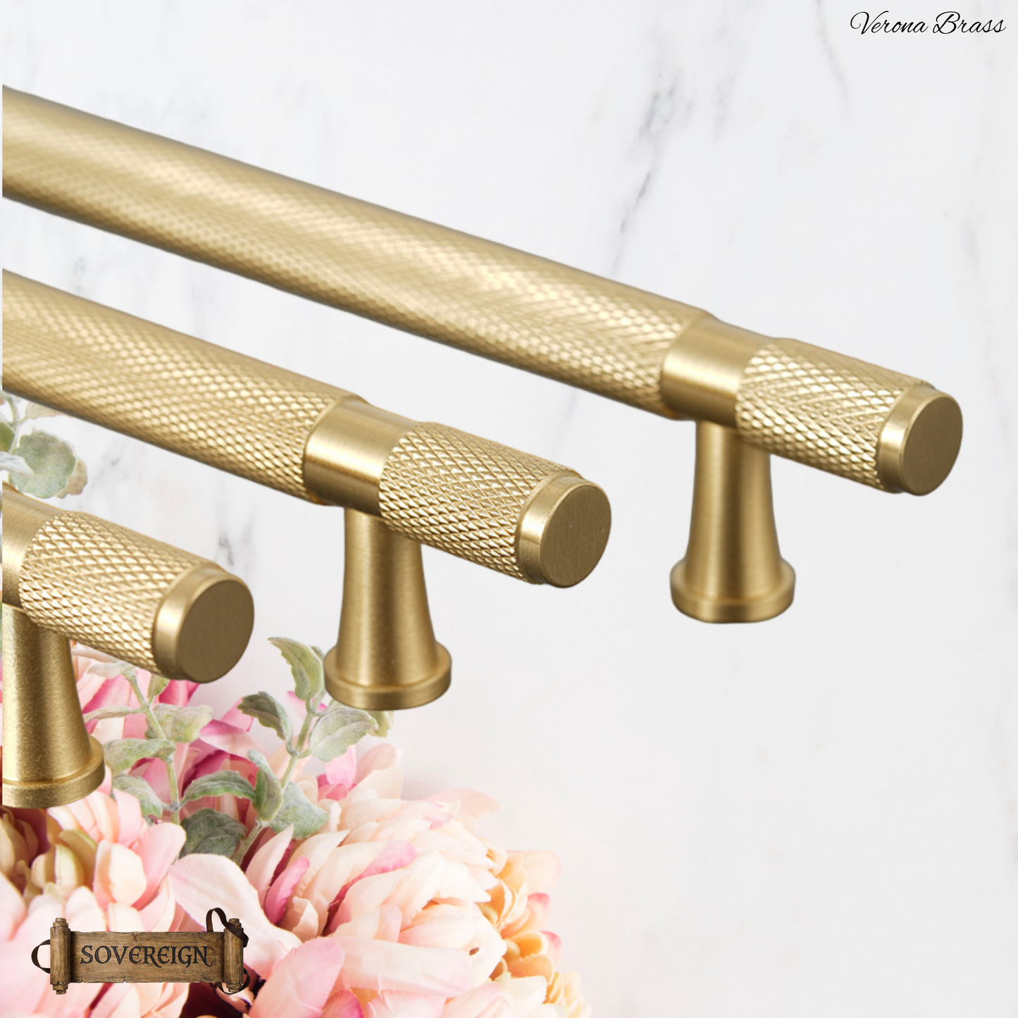 "Verona" Sovereign Knurled Brushed Brass cabinet T-Bar Handles -10 Sizes