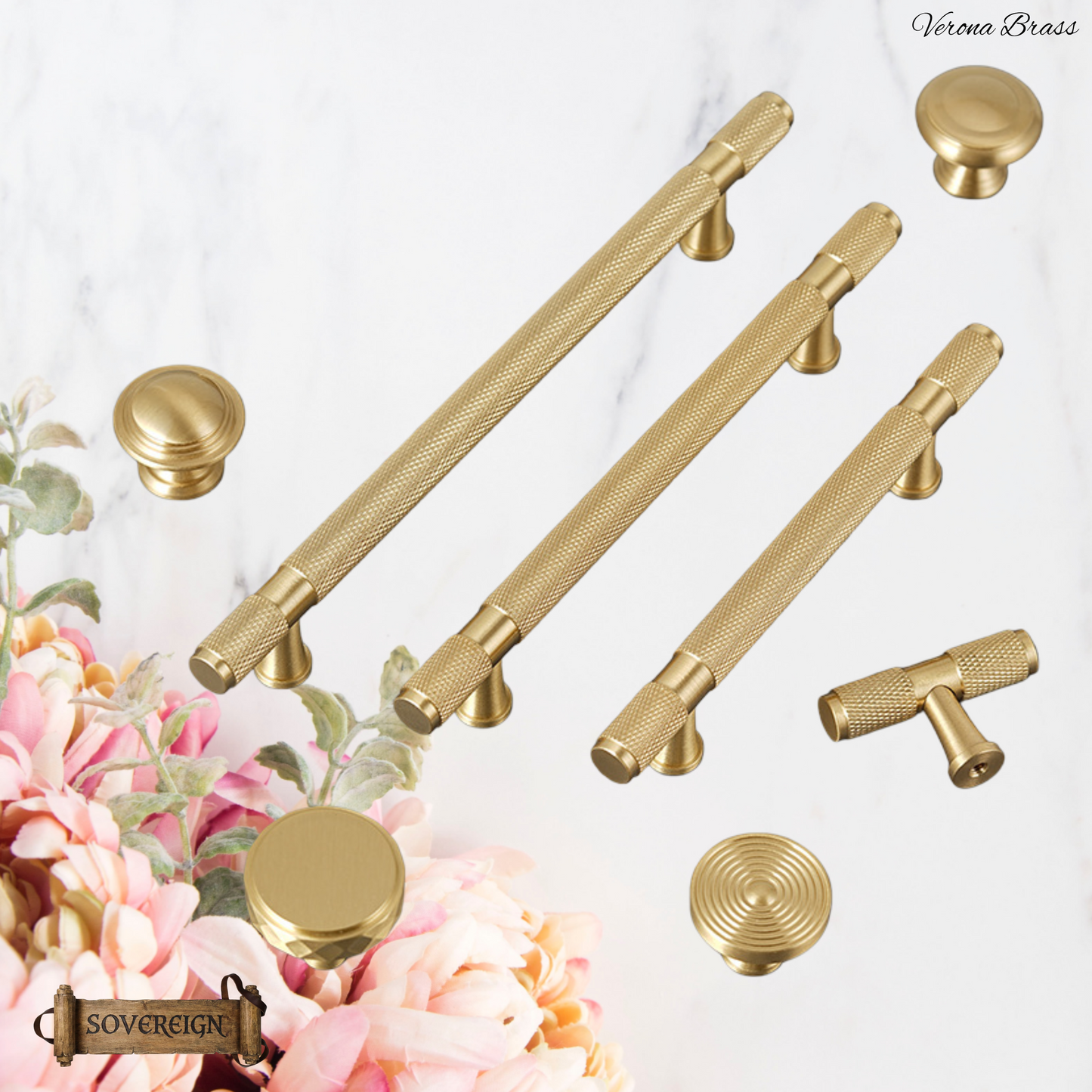 "Verona" Sovereign Knurled Brushed Brass cabinet T-Bar Handles -10 Sizes
