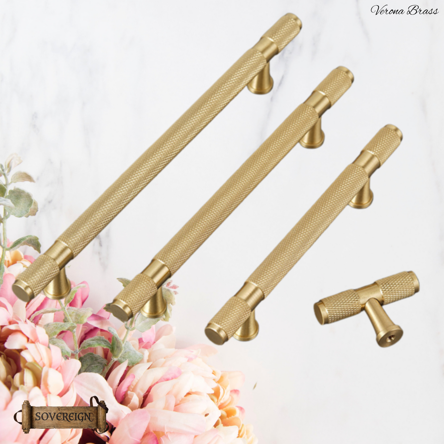 "Verona" Sovereign Knurled Brushed Brass cabinet T-Bar Handles -10 Sizes