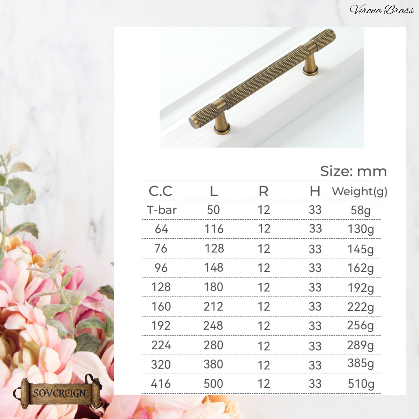 "Verona" Sovereign Knurled Antiqued Brass cabinet T-Bar Handles -10 Sizes