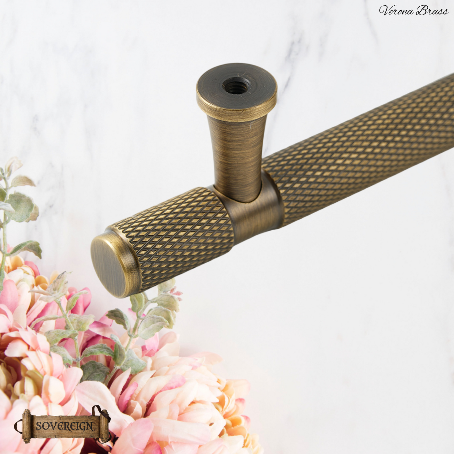 "Verona" Sovereign Knurled Antiqued Brass cabinet T-Bar Handles -10 Sizes