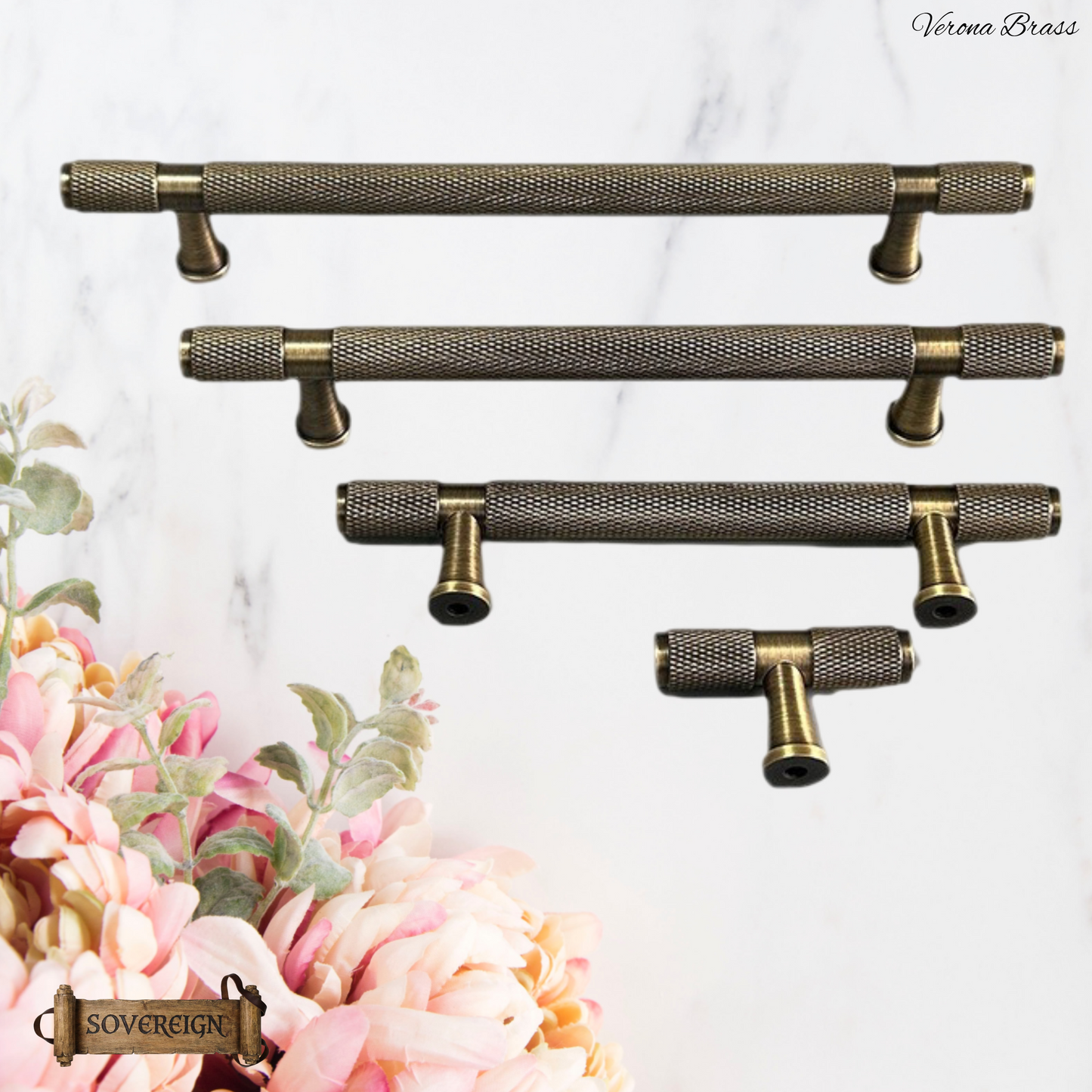 "Verona" Sovereign Knurled Antiqued Brass cabinet T-Bar Handles -10 Sizes