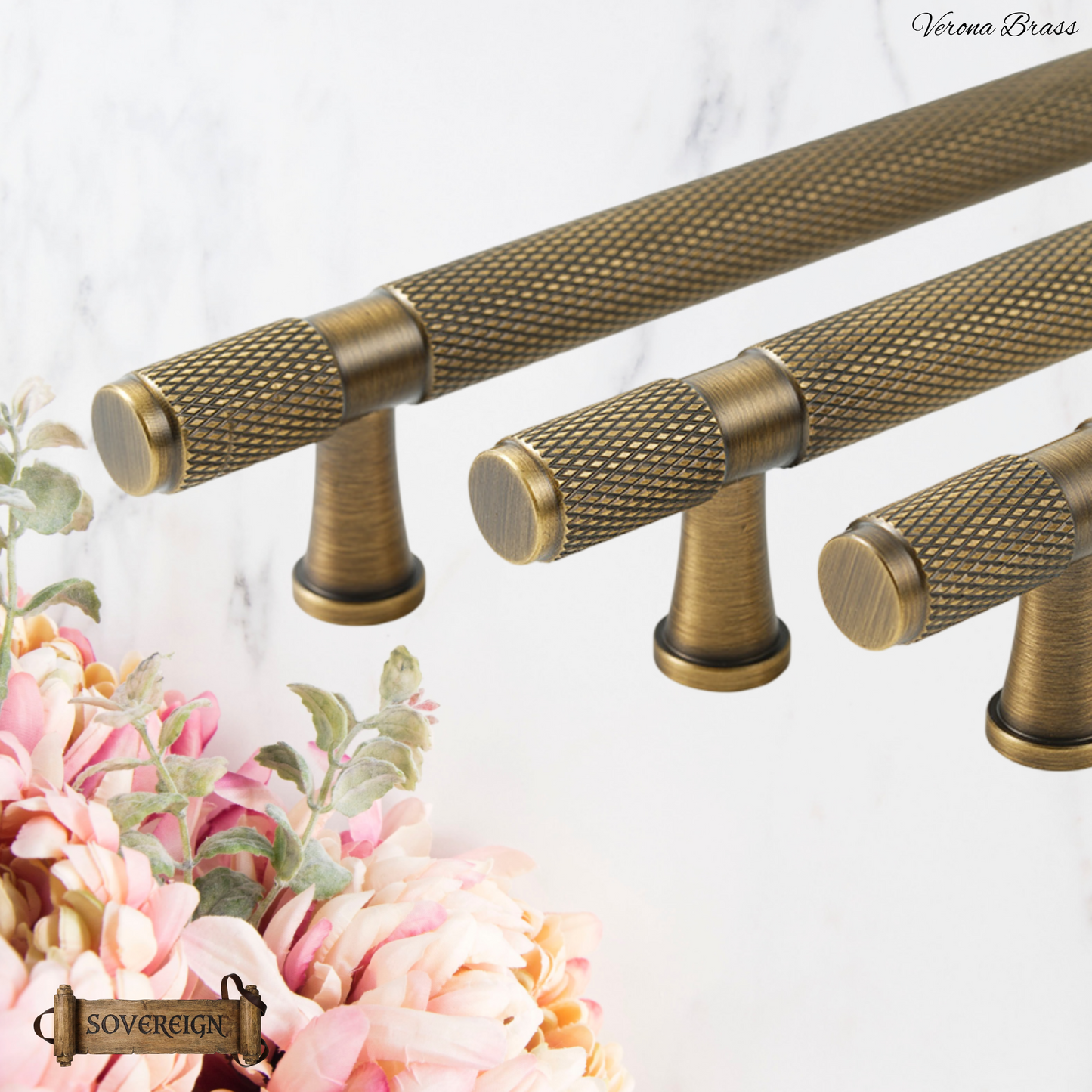 "Verona" Sovereign Knurled Antiqued Brass cabinet T-Bar Handles -10 Sizes
