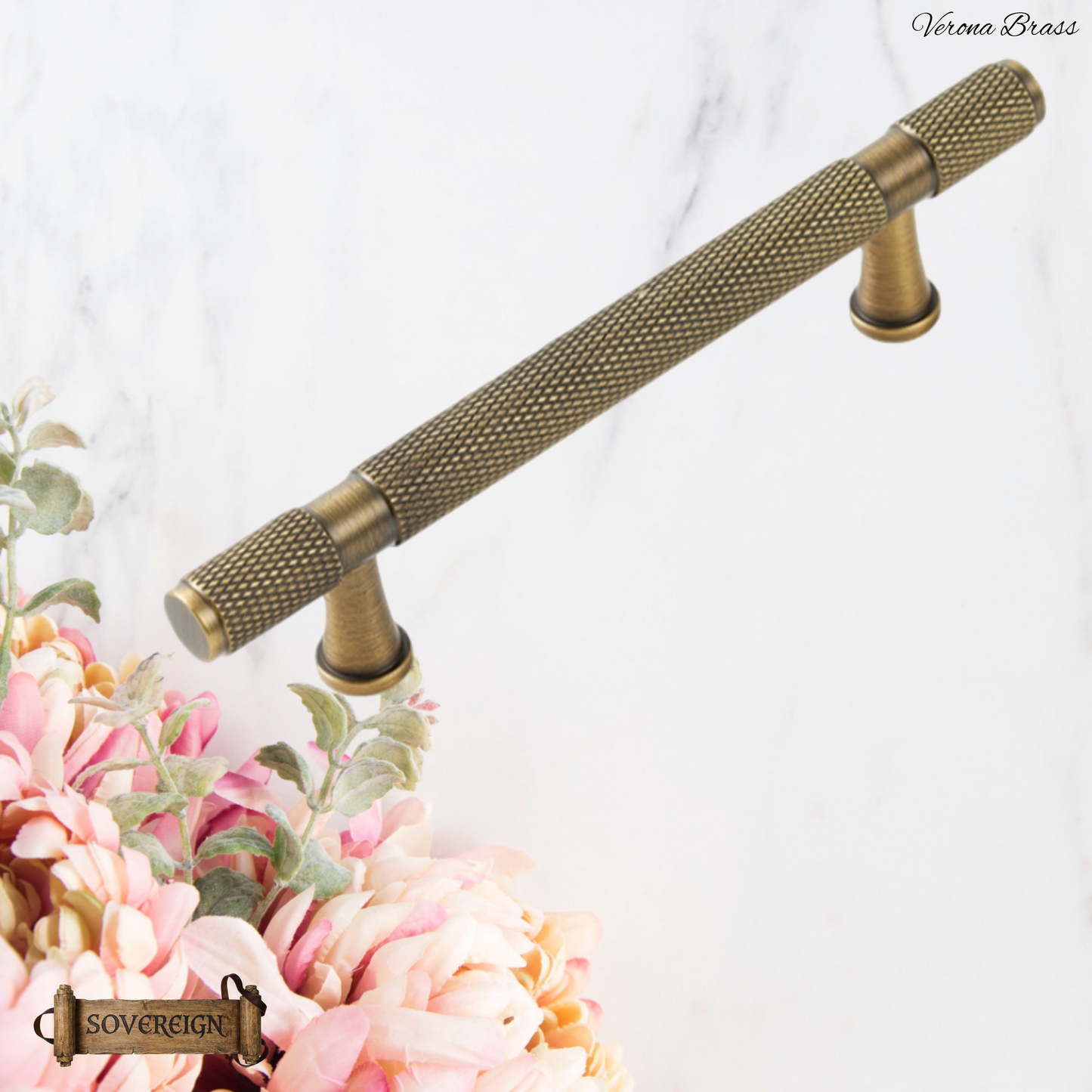 "Verona" Sovereign Knurled Antiqued Brass cabinet T-Bar Handles -10 Sizes