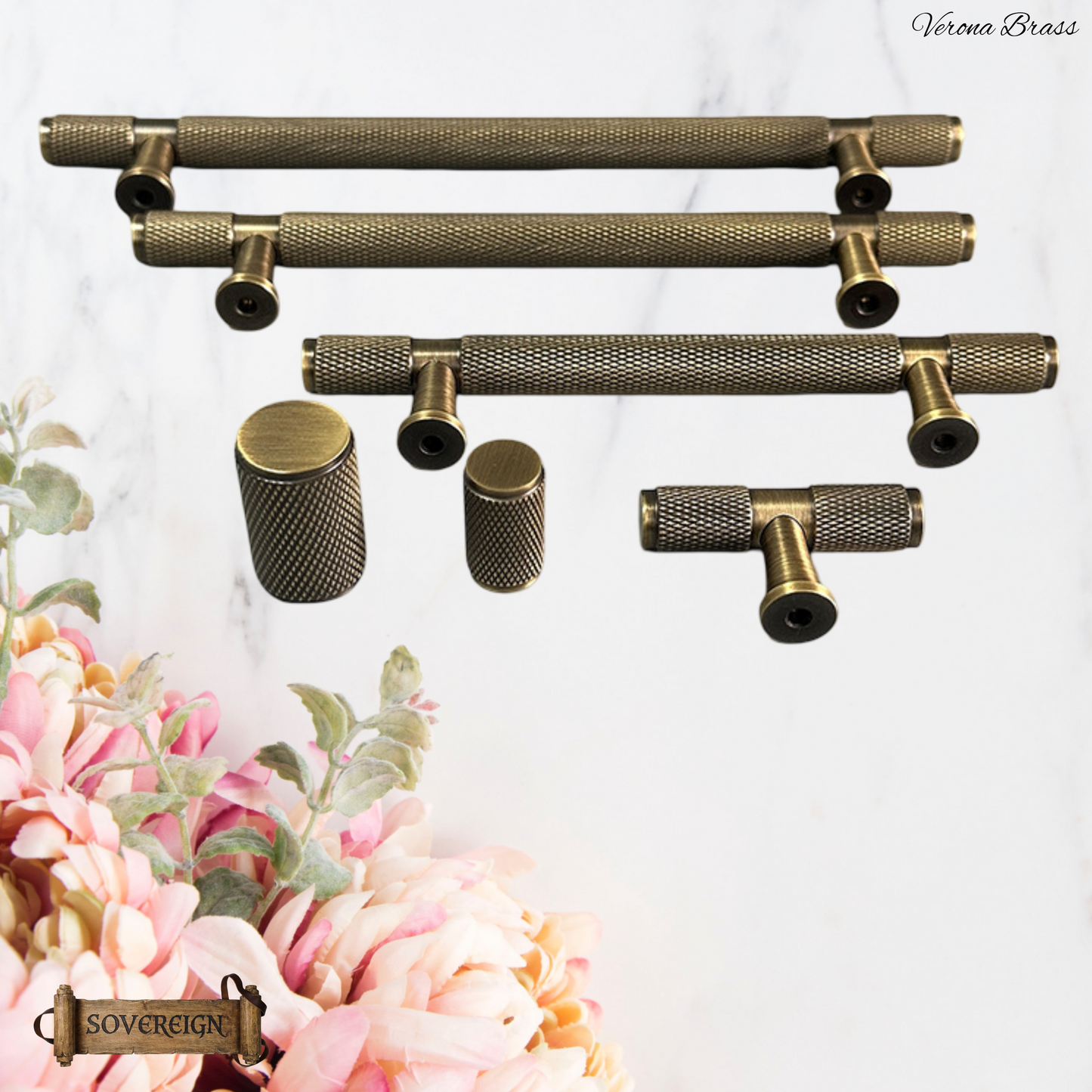 "Verona" Sovereign Knurled Antiqued Brass cabinet T-Bar Handles -10 Sizes