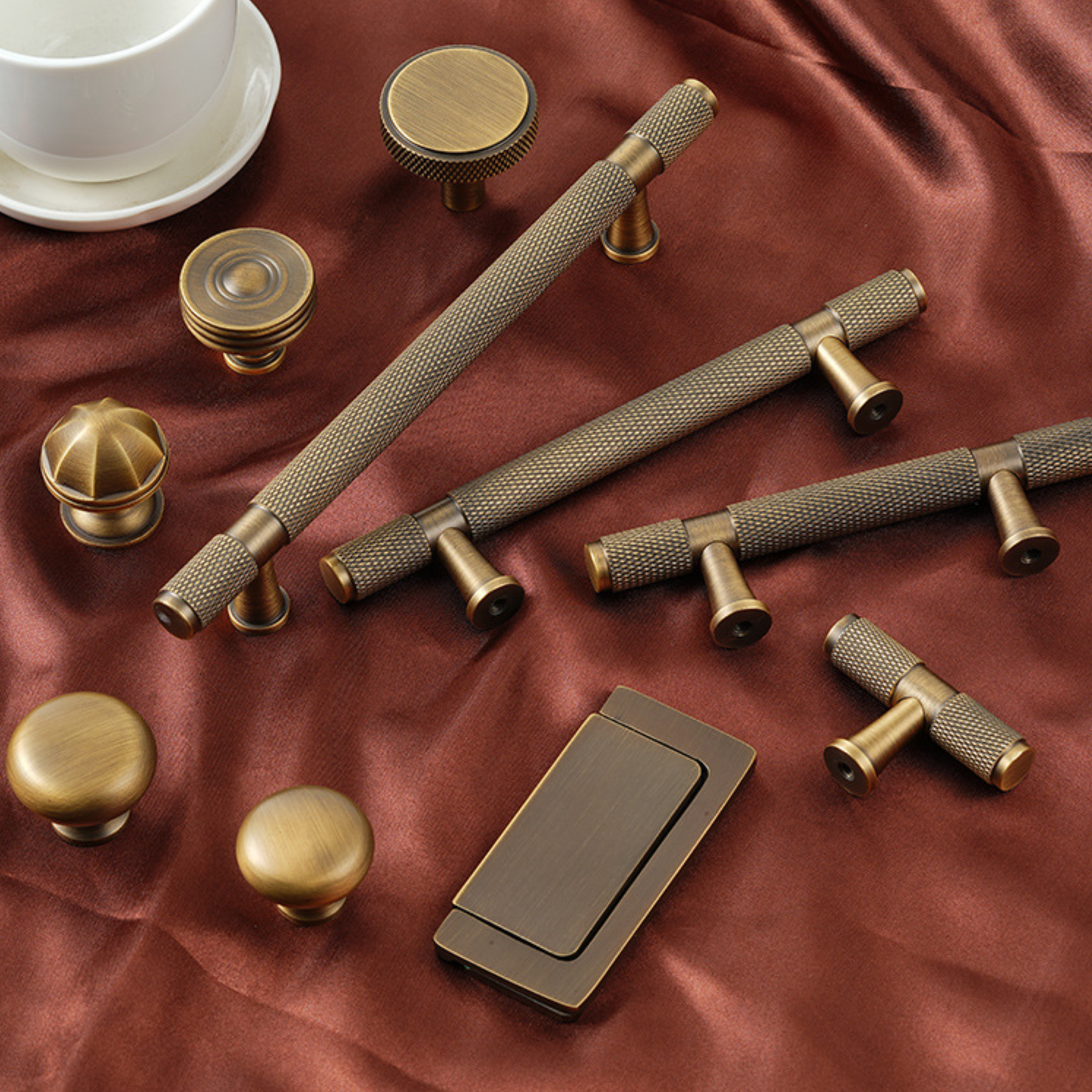 "Verona" Sovereign Knurled Antiqued Brass cabinet T-Bar Handles -10 Sizes