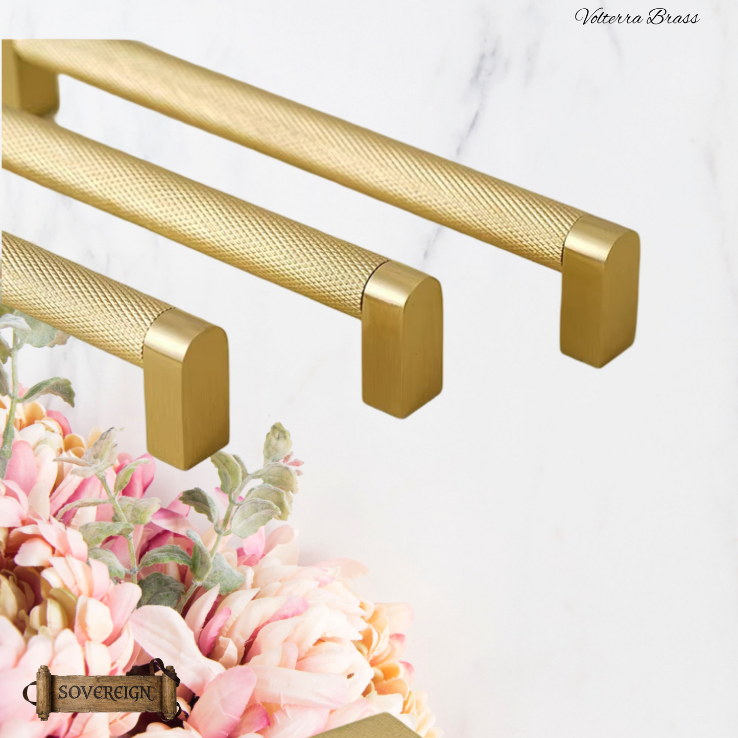 "Volterra" Sovereign Knurled Brushed Brass cabinet D-Handles -7 Sizes