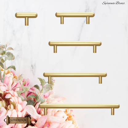 "Syracuse" Rounded Brushed Brass cabinet T-Bar Handles -5 sizes