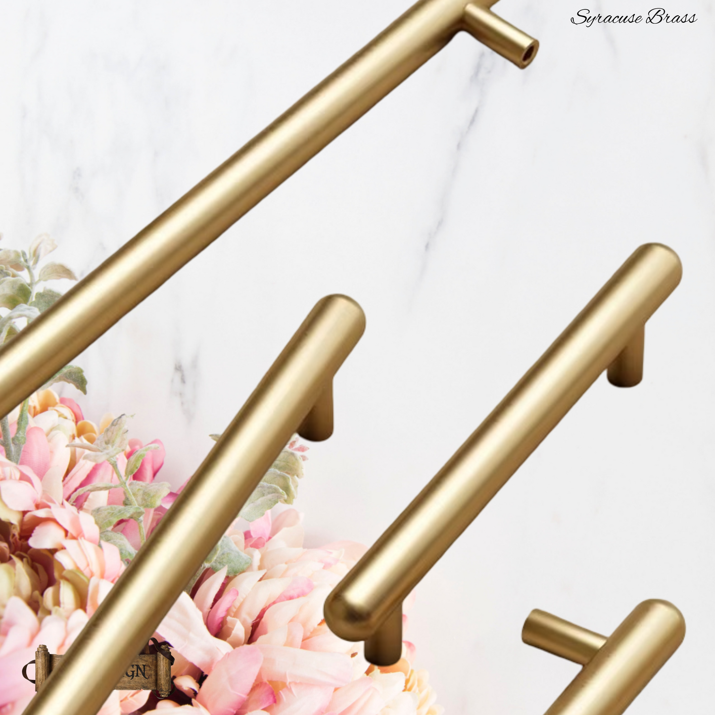 "Syracuse" Rounded Brushed Brass cabinet T-Bar Handles -5 sizes