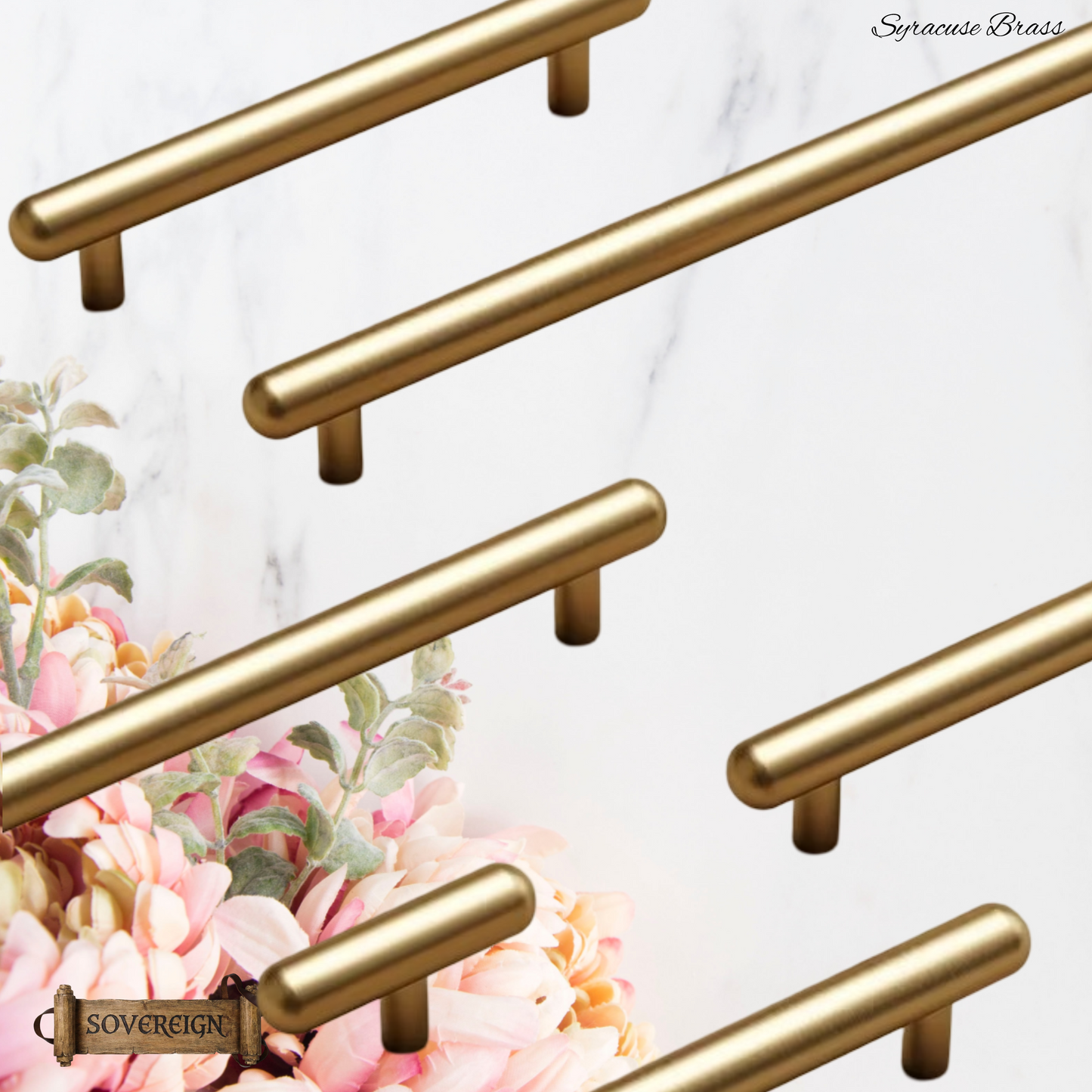 "Syracuse" Rounded Brushed Brass cabinet T-Bar Handles -5 sizes