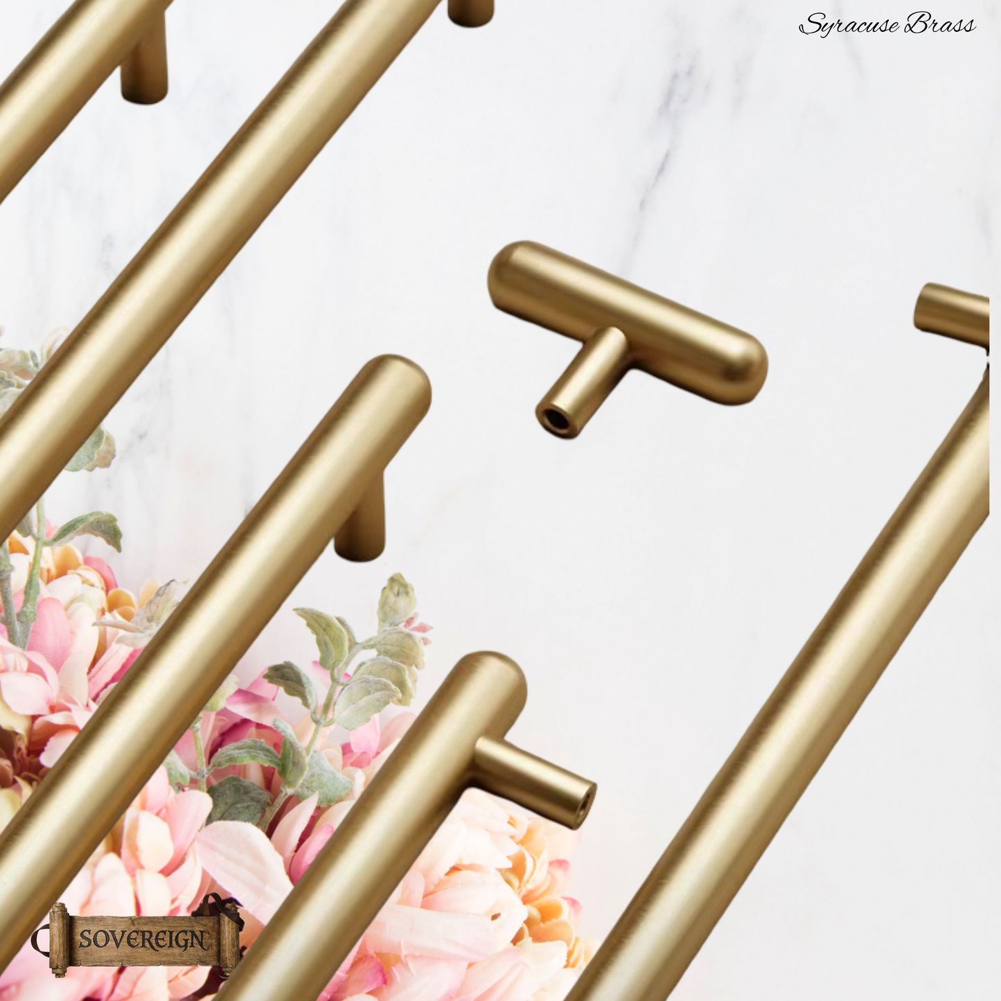 "Syracuse" Rounded Brushed Brass cabinet T-Bar Handles -5 sizes