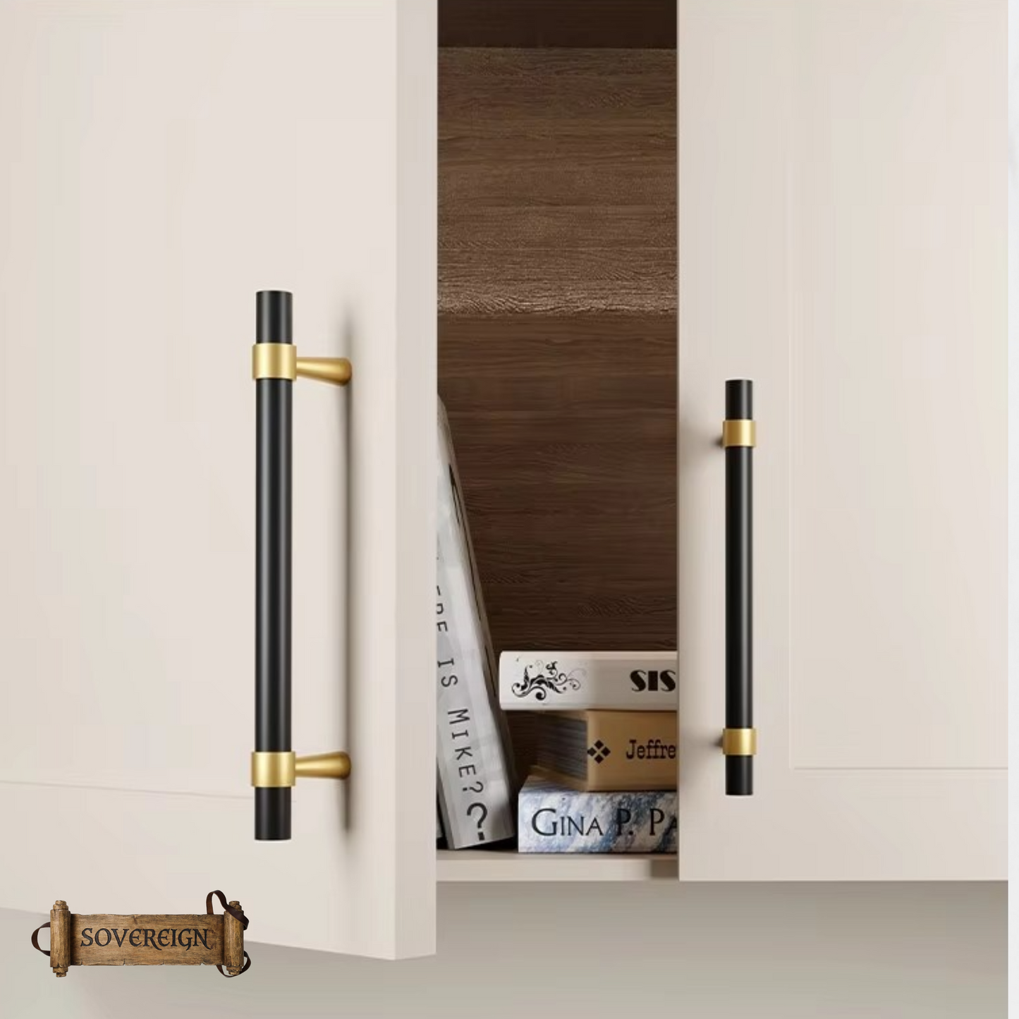 "Vicenza" Sovereign Black & Gold Brass cabinet T-Bar Handles -10 Sizes