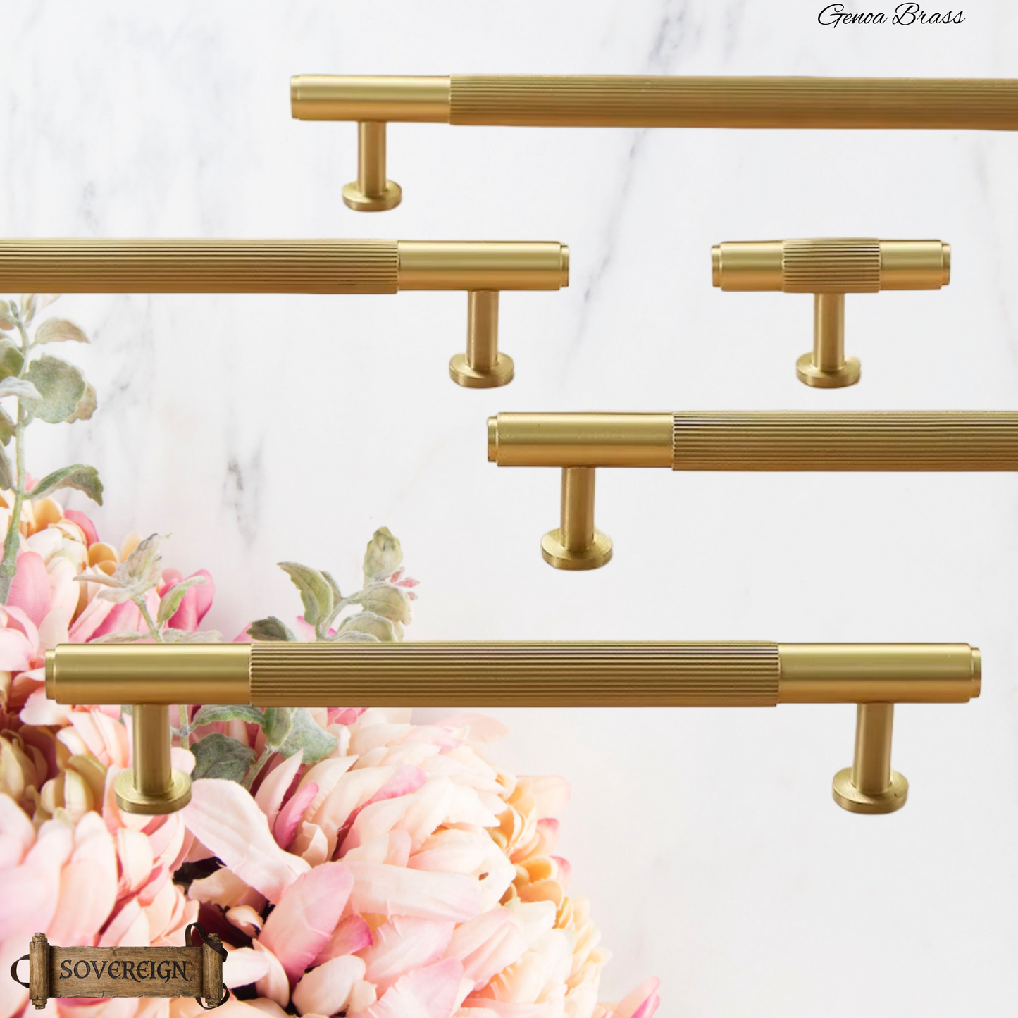 "Genoa" Sovereign Grippa Brushed Brass cabinet T-Bar Handles -8 Sizes