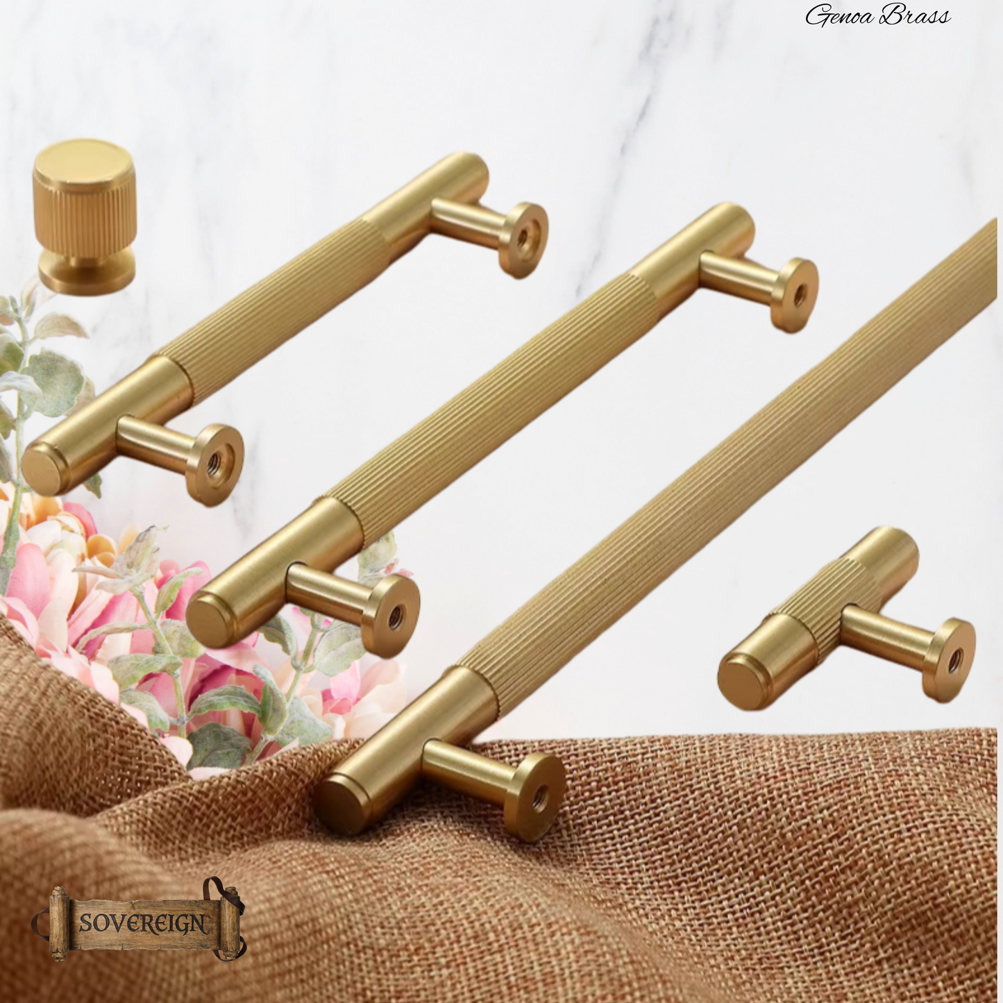"Genoa" Sovereign Grippa Brushed Brass cabinet T-Bar Handles -8 Sizes