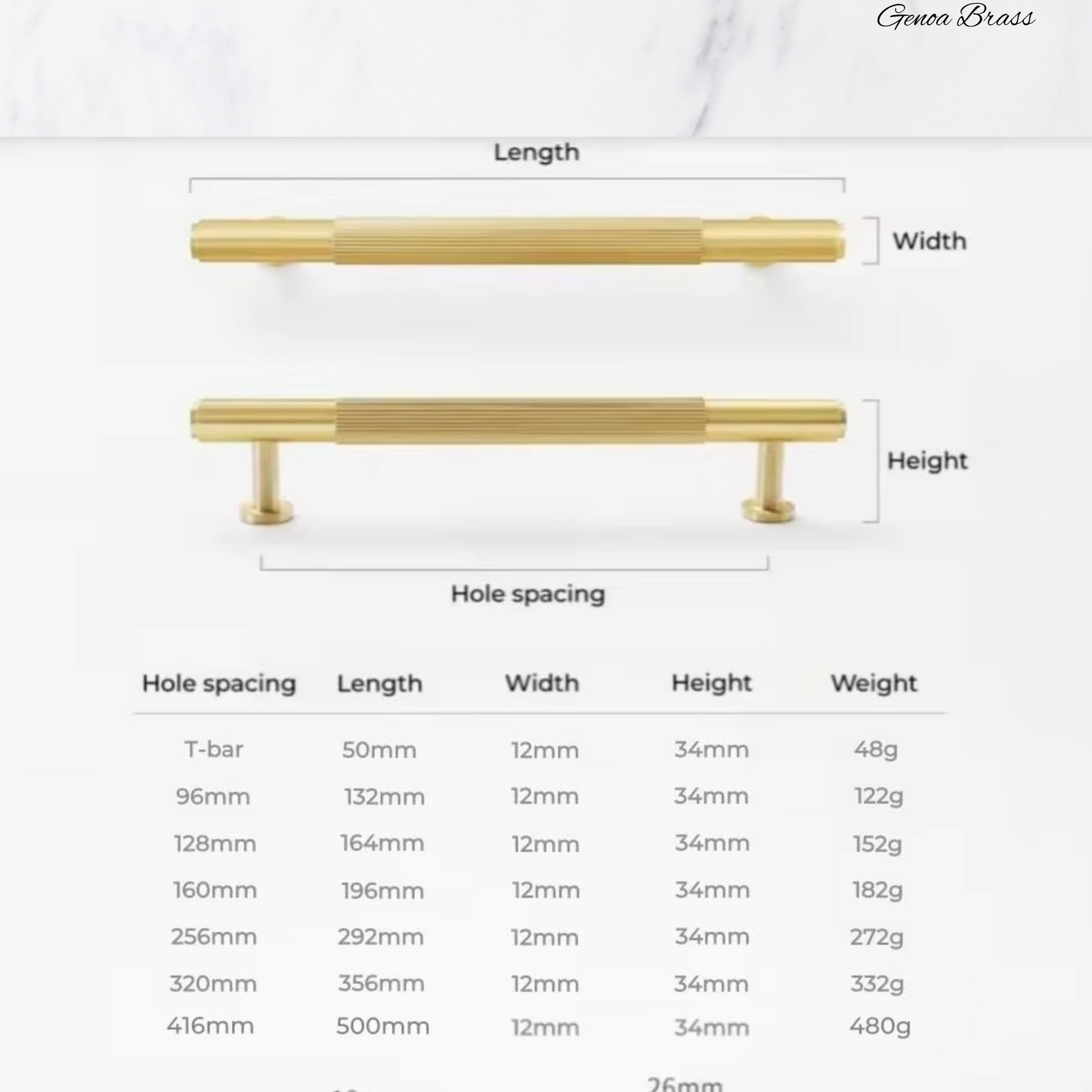 "Genoa" Sovereign Grippa Brushed Brass cabinet T-Bar Handles -8 Sizes