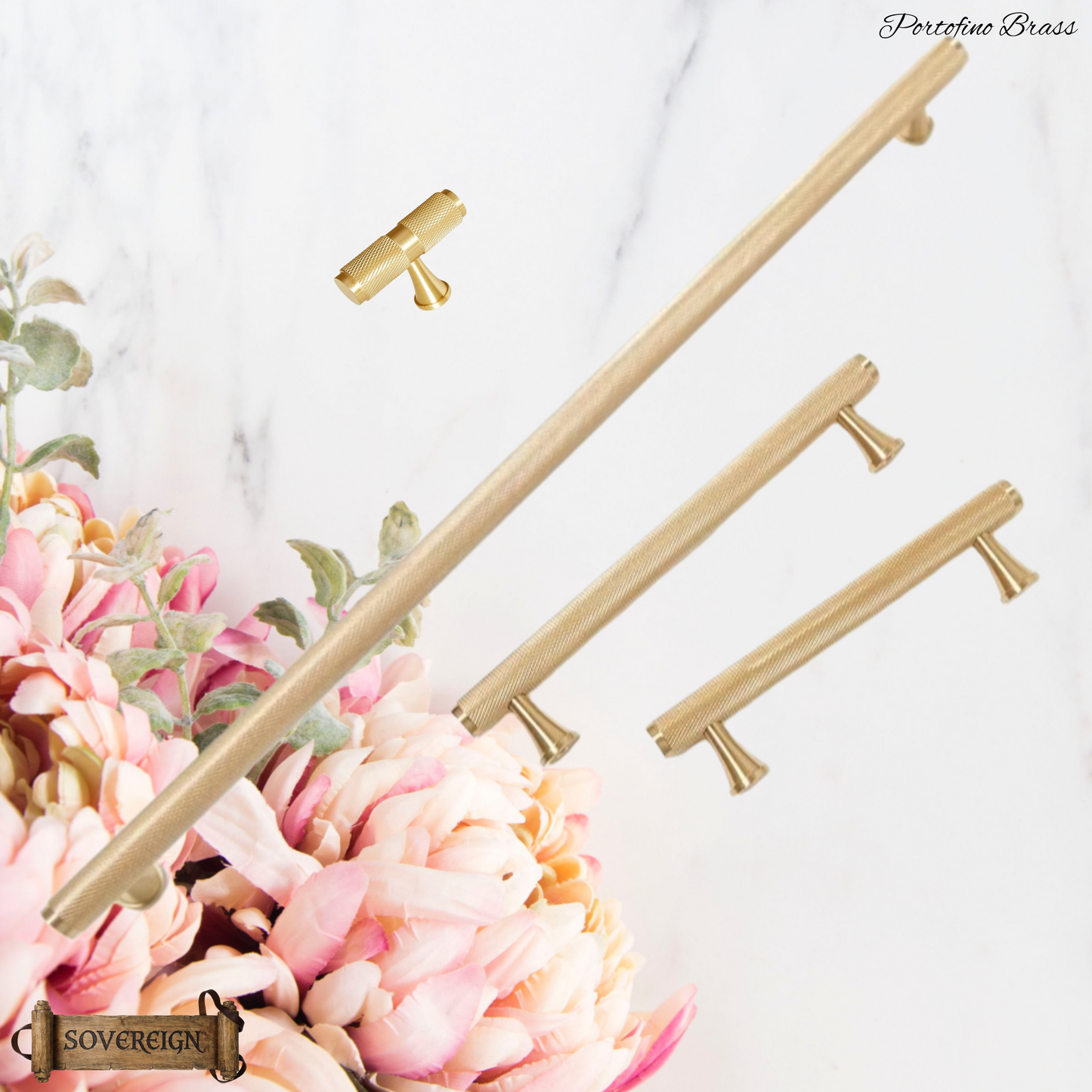 "Portofino" Sovereign Knurled Brushed Brass cabinet T-Bar Handles -9 Sizes